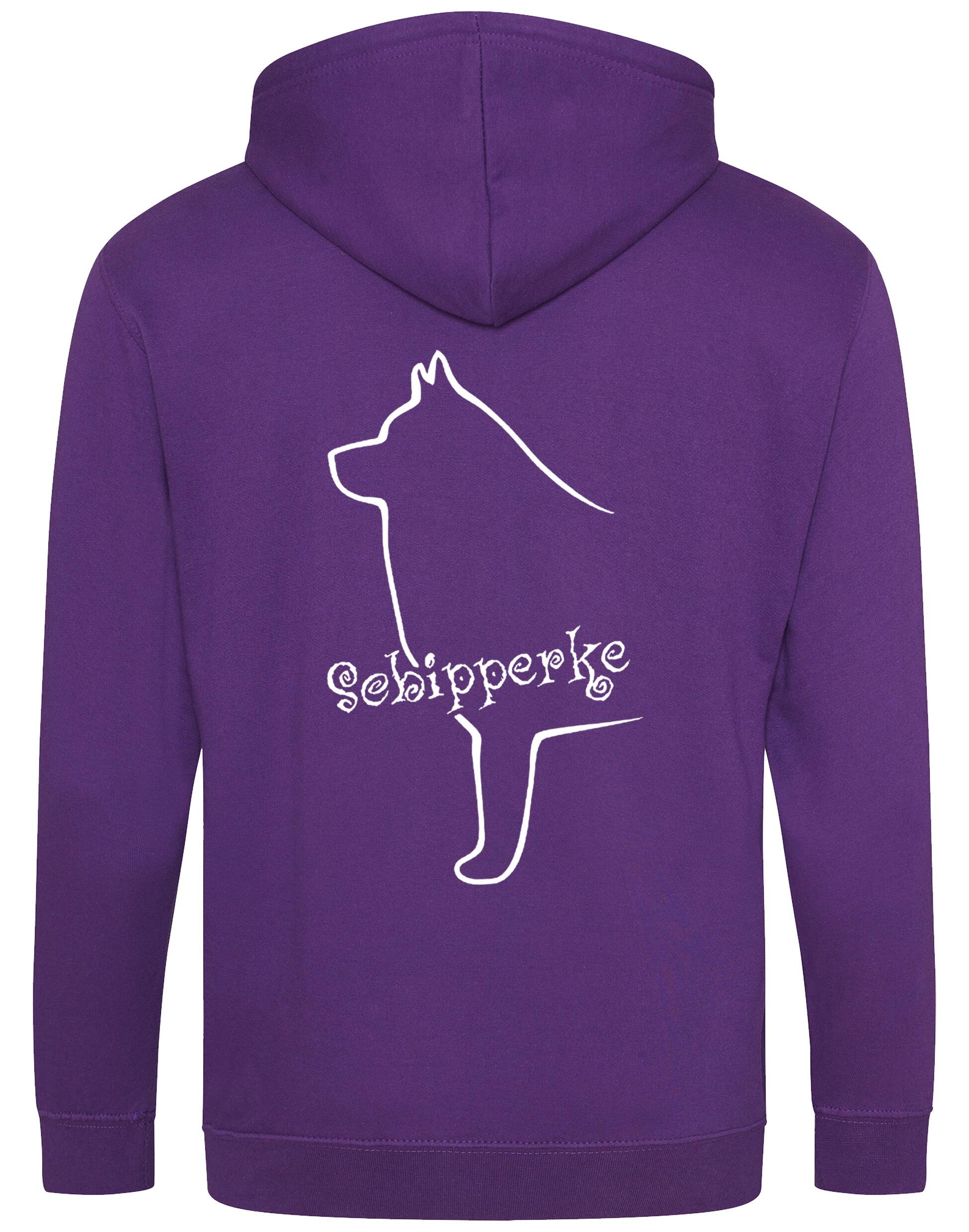 Zipped hoodie featuring exclusive Schipperke design, showcasing detailed breed artwork on the back, with a cozy double-fabric hood and spacious front pockets.