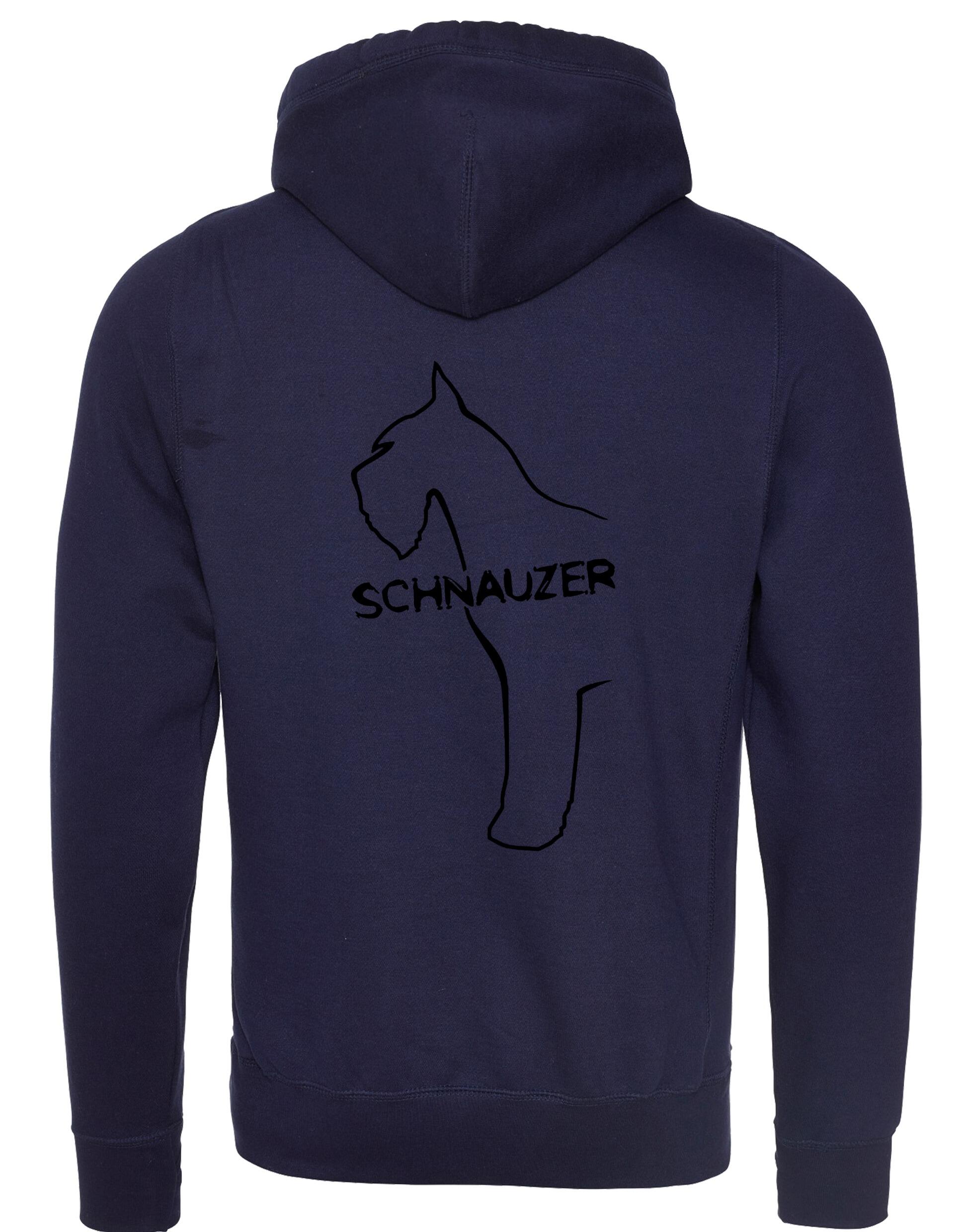 Schnauzer Unisex Crossneck Pullover Hoodie featuring exclusive breed artwork on the back, kangaroo pocket, ribbed cuffs, and brushed fleece lining for extra warmth and comfort. Ideal for Schnauzer enthusiasts and outdoor activities.