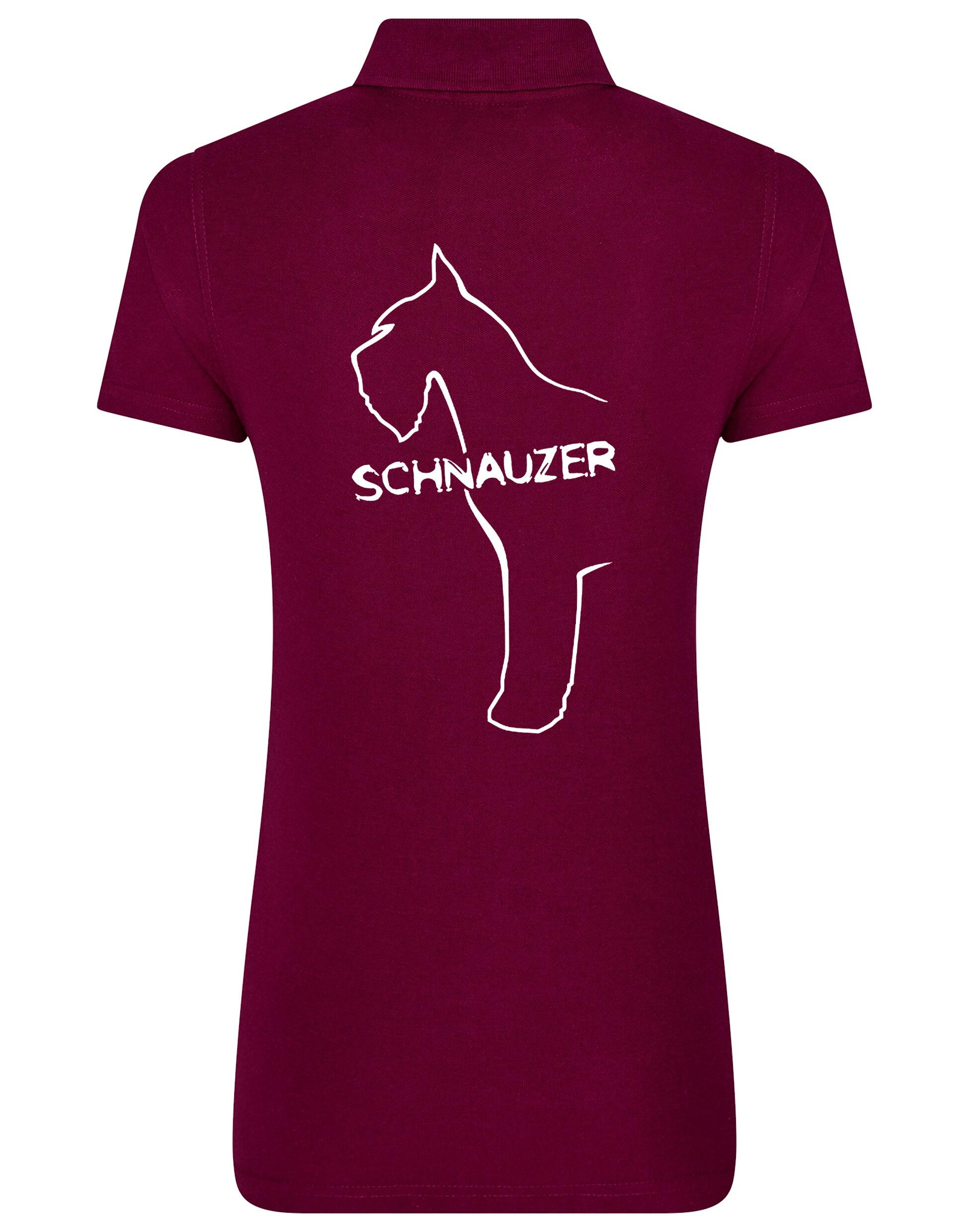 Schnauzer Women’s Cotton Polo featuring exclusive breed design on the back, breathable fabric, and flattering feminine fit. Perfect for Schnauzer lovers.