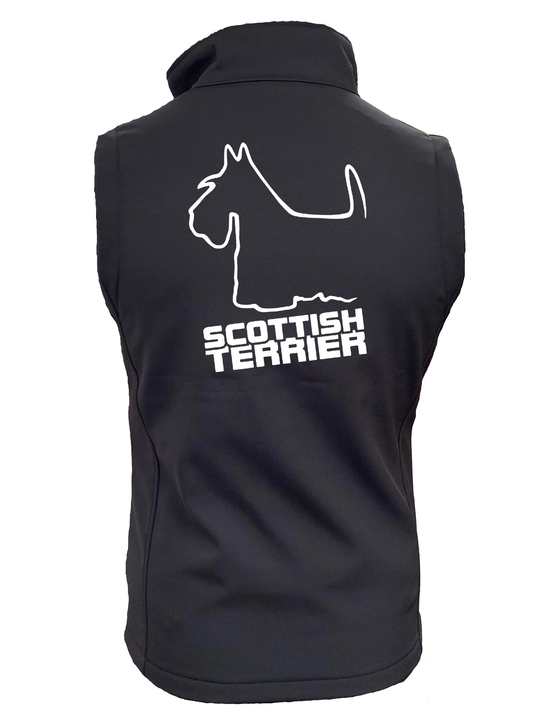 Scottish Terrier Unisex Softshell Gilet with breed artwork, water-resistant fabric, fleece lining, and unisex fit.