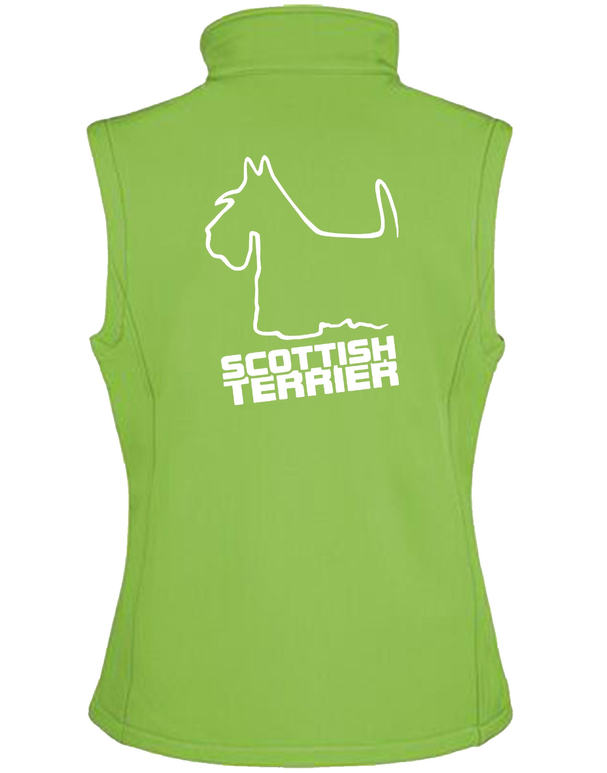 Scottish Terrier Unisex Softshell Gilet with breed artwork, water-resistant fabric, fleece lining, and unisex fit.