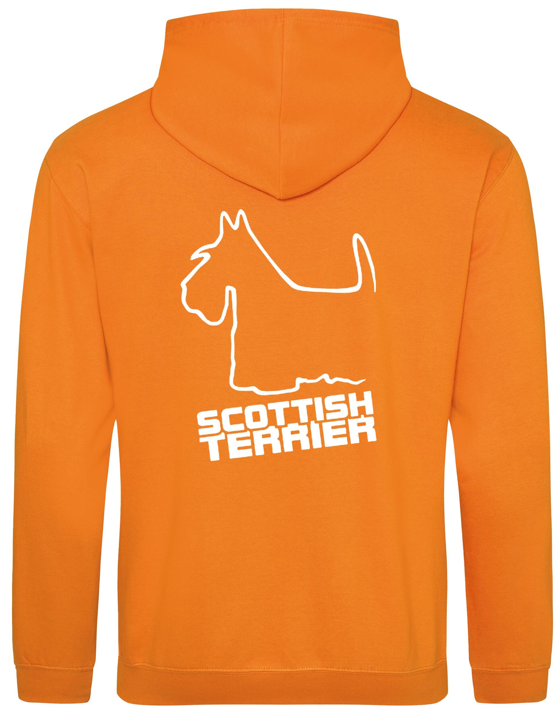 Scottish Terrier Design Pullover Hoodie with exclusive artwork, heavy-blend fabric, double-fabric hood, and paw print detail.