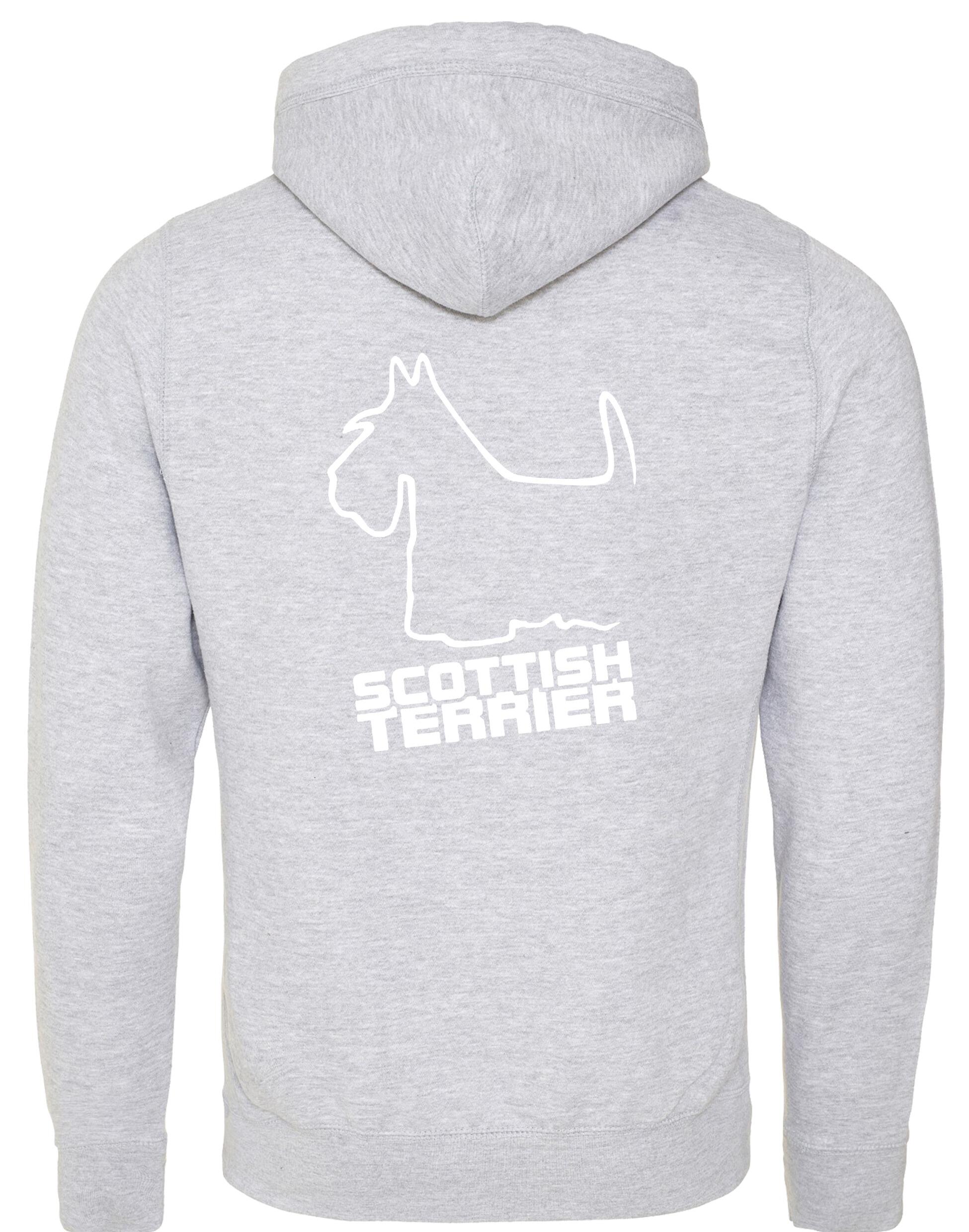 Scottish Terrier Crossneck Pullover Hoodie with exclusive breed artwork, modern crossneck design, brushed fleece lining, and kangaroo pocket.