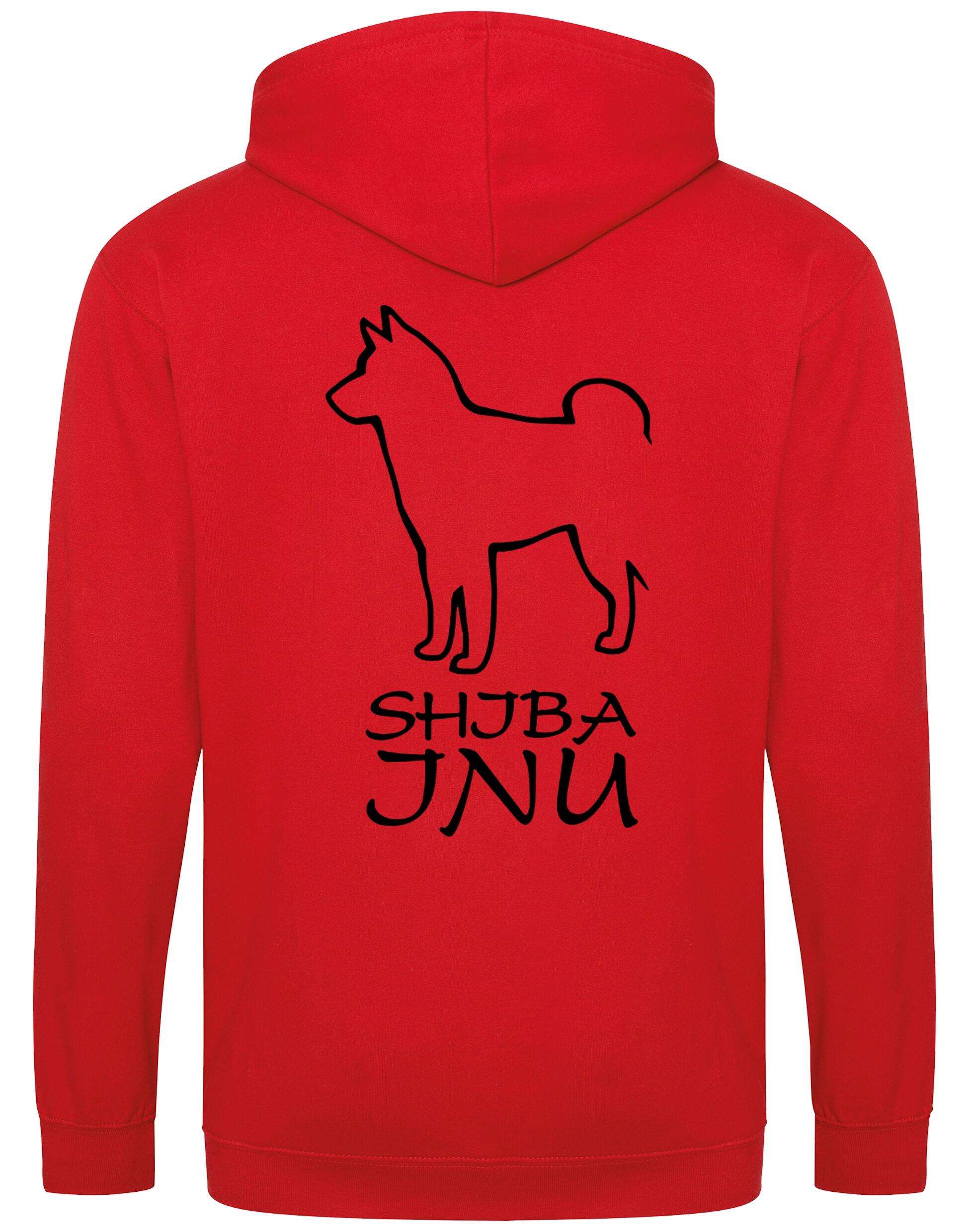 Unisex zipped hoodie featuring exclusive Shiba Inu artwork on the back, paw prints on the front, full-length zip, cozy brushed fleece lining, and front pockets – ideal for breed enthusiasts.
