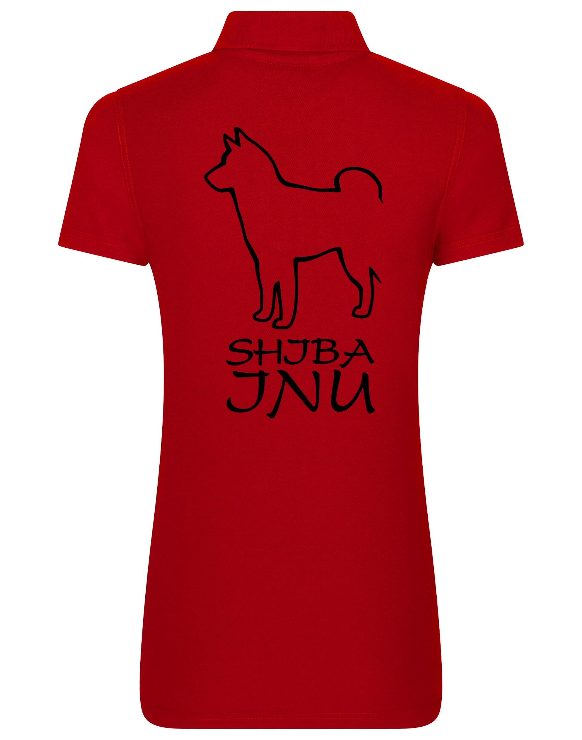 Women's cotton polo shirt featuring exclusive Shiba Inu artwork on the back, designed with a flattering feminine fit and breathable fabric, ideal for casual outings and breed events.