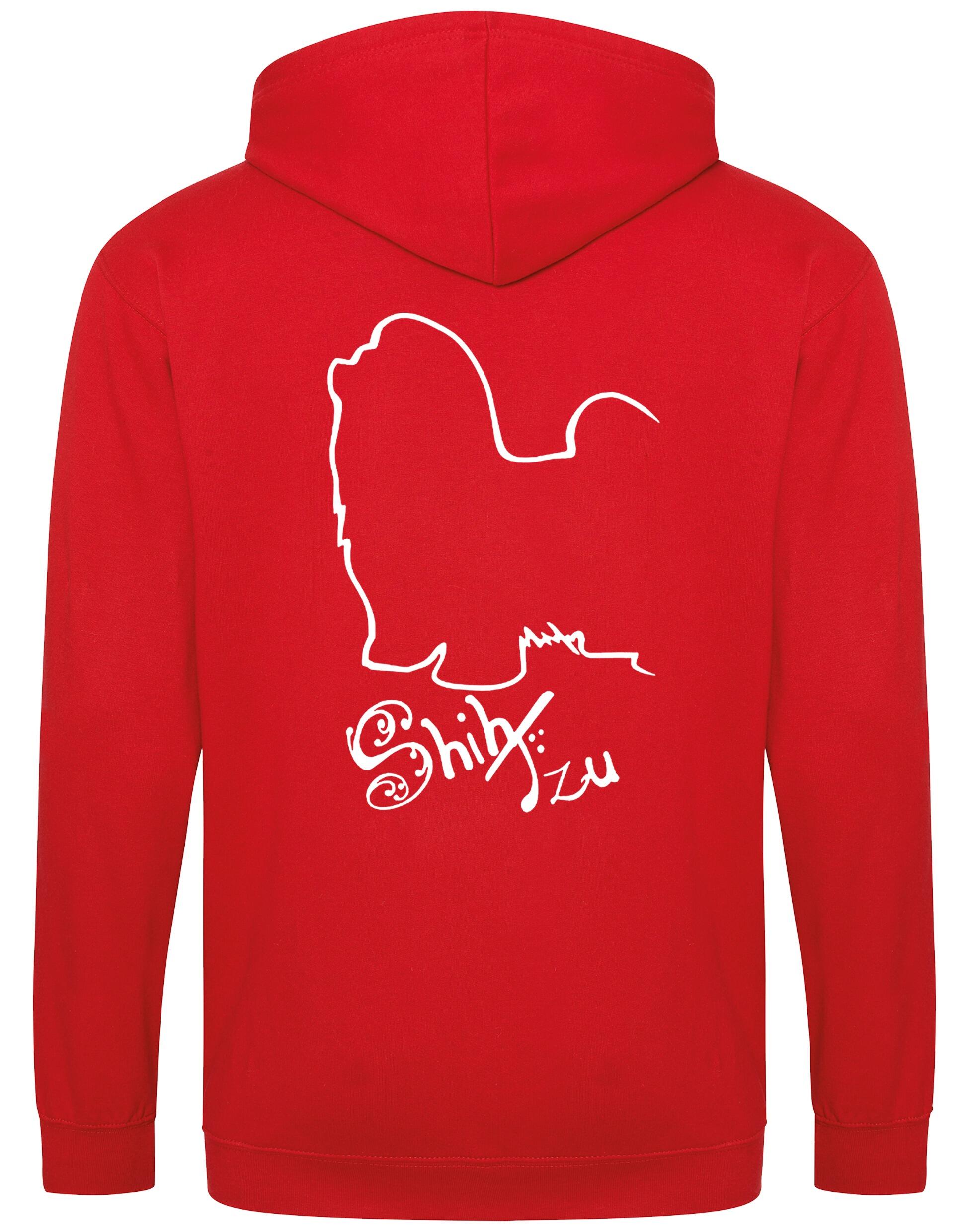 Shih Tzu zipped hoodie with paw prints on the front and detailed breed design on the back, full-zip style with hood and pockets, perfect for breed lovers.