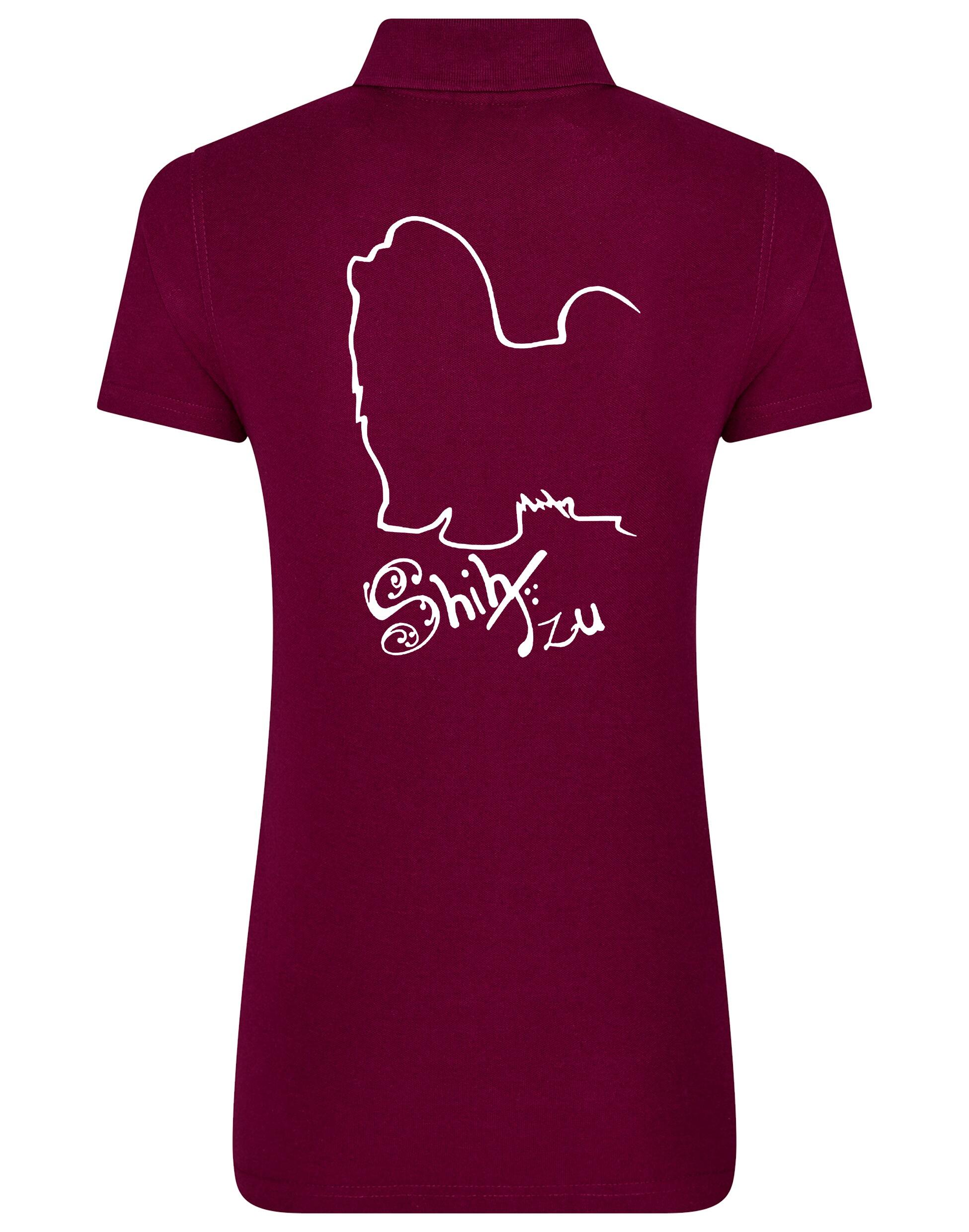Women’s cotton polo shirt featuring exclusive Shih Tzu artwork on the back, with a flattering feminine fit, breathable fabric, and classic collar—ideal for casual wear or dog events.