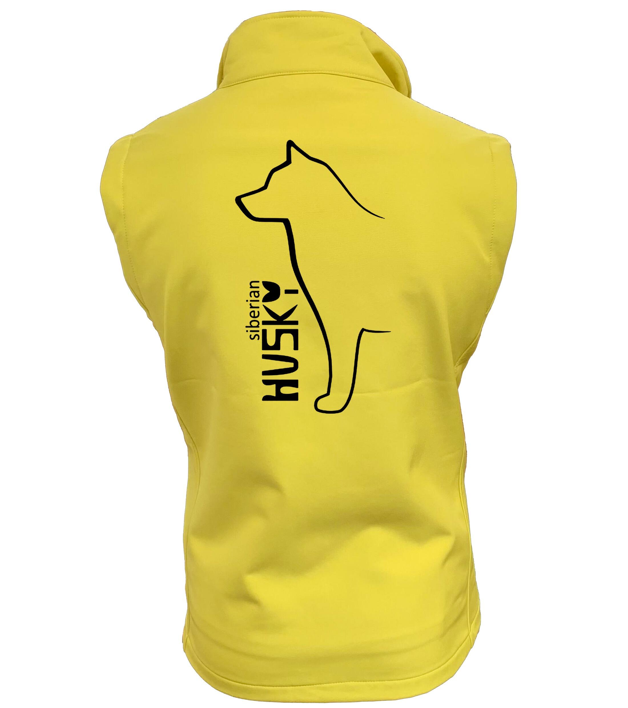 Women’s softshell gilet featuring exclusive Siberian Husky artwork on the back, tailored fit with a full-zip front and side pockets—ideal for dog walking, events, and casual outdoor wear.