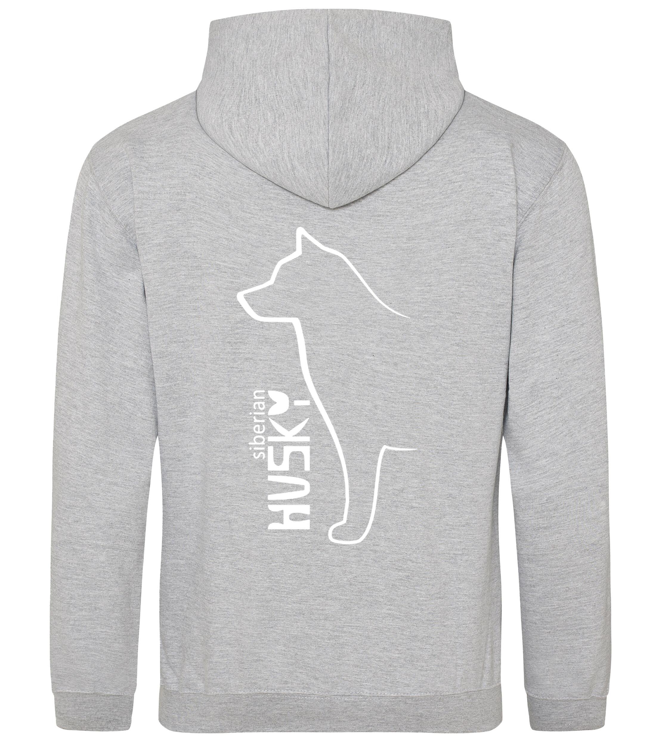 Unisex pullover hoodie featuring a detailed Siberian Husky design on the back with paw prints on the front, brushed fleece interior, double-fabric hood, and kangaroo pocket – ideal for dog walks, events, or lounging in style.