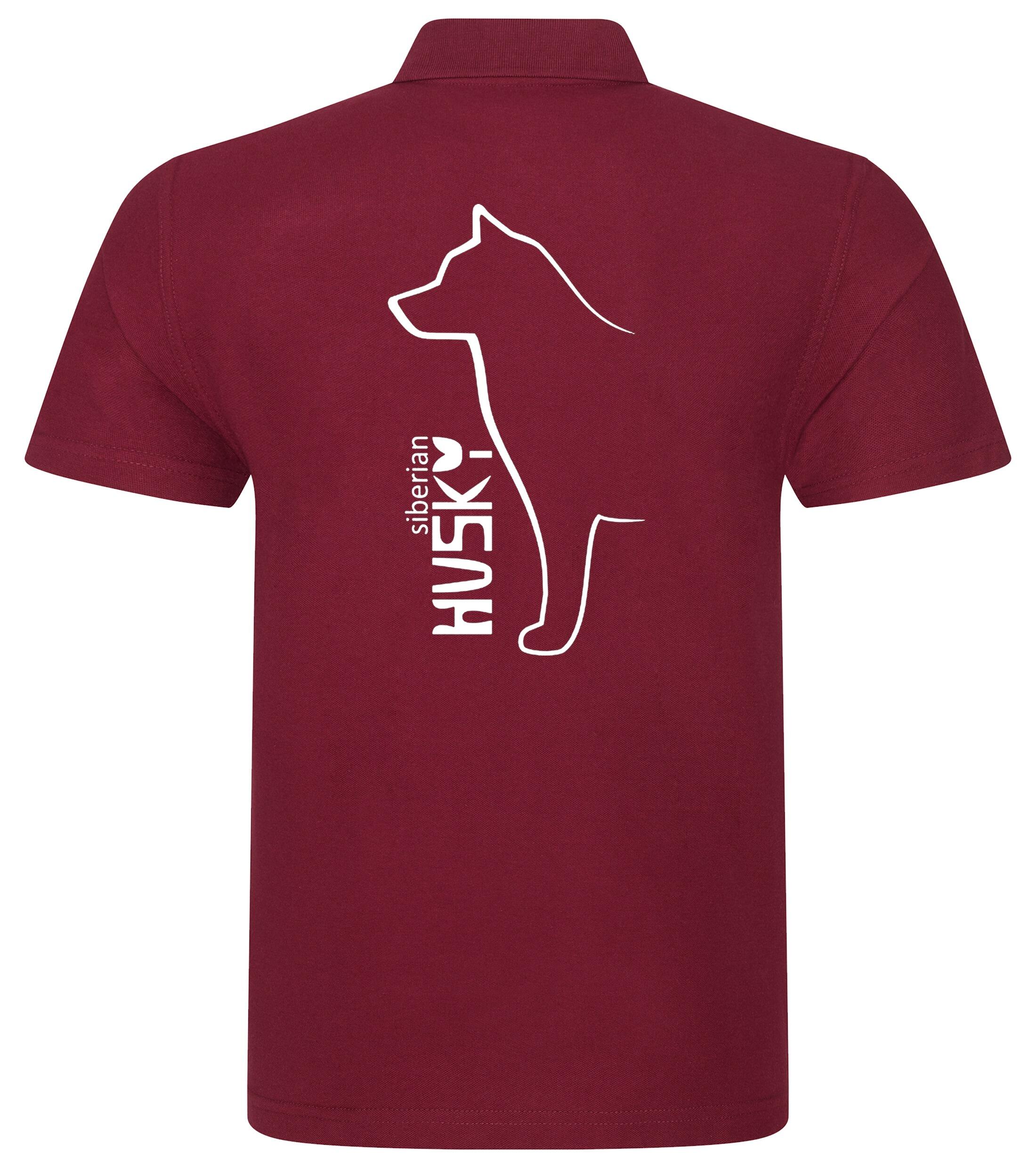 Unisex cotton polo shirt with exclusive Siberian Husky artwork on the back, designed in breathable fabric for all-day comfort—perfect for breed lovers, dog events, or casual wear.