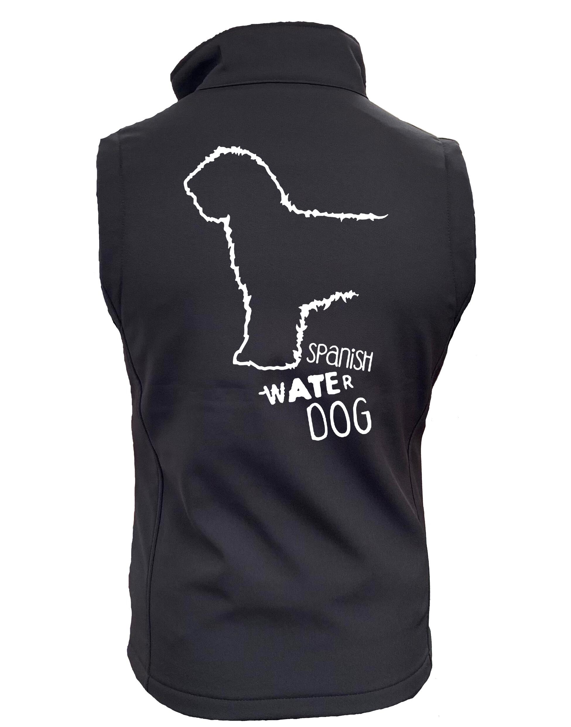 Unisex softshell gilet with Spanish Water Dog design on the back. Features water-resistant fabric, fleece lining, full-zip front, and side pockets—ideal for outdoor walks, breed events, or everyday layering.