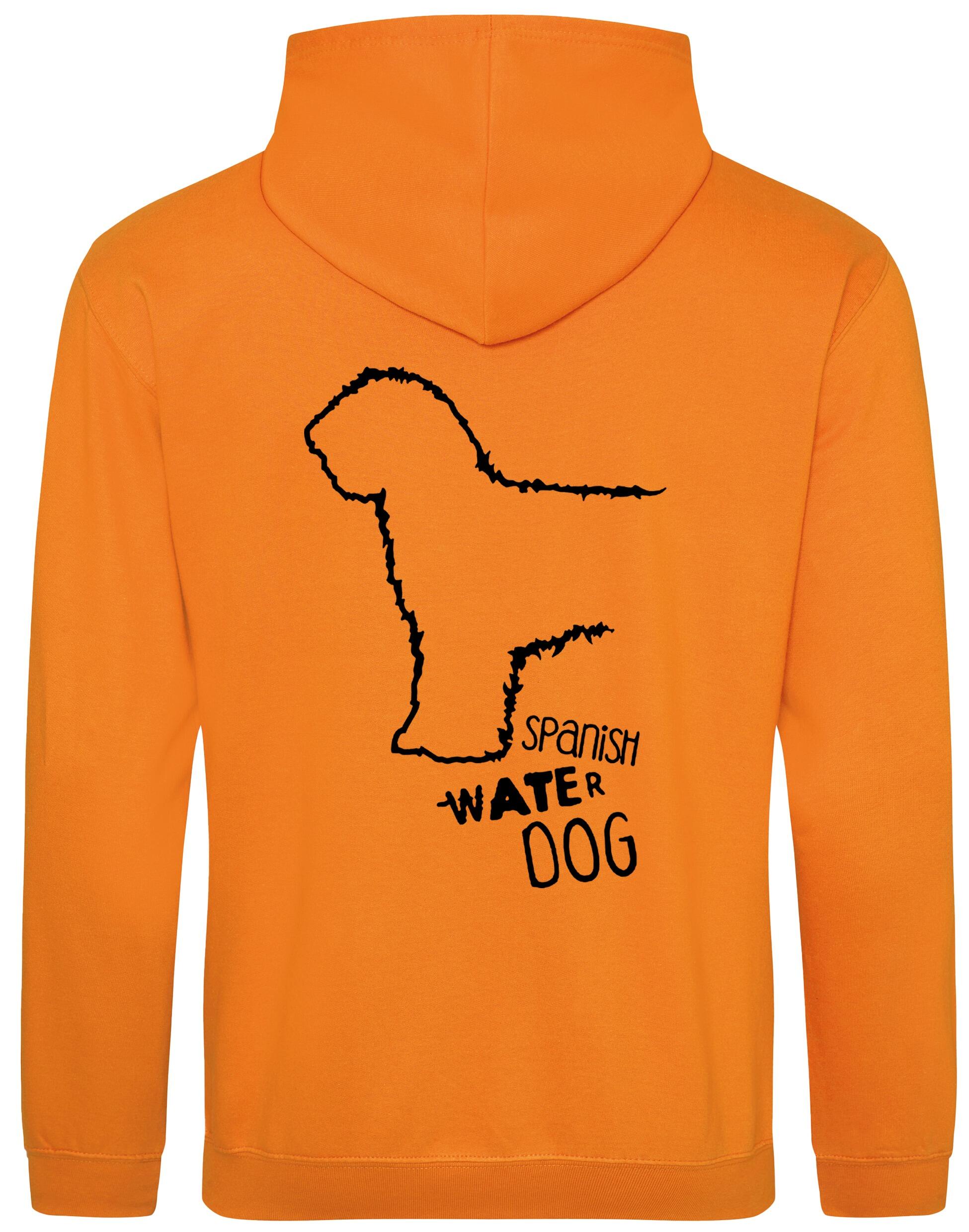 Pullover hoodie featuring Spanish Water Dog artwork on the back and paw prints on the front. Heavy-blend fabric with a brushed fleece interior, double-fabric hood, kangaroo pocket, and ribbed cuffs—ideal for cold weather, breed events, and casual comfort.