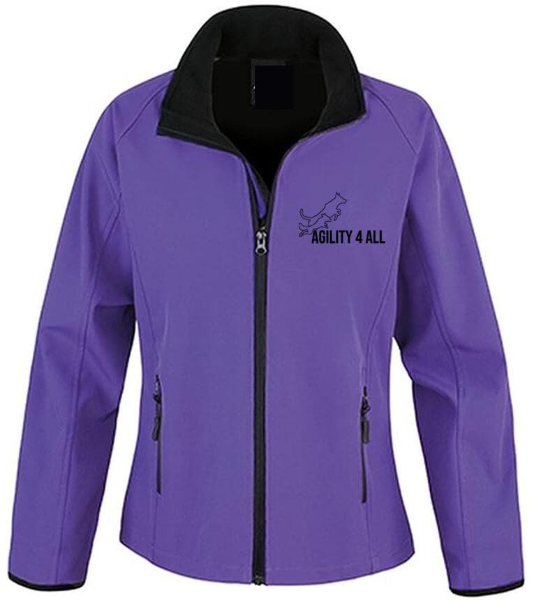 Agility 4 All Official Clothing - Purple Female Softshell Jacket Front Image - Black Printed Logo