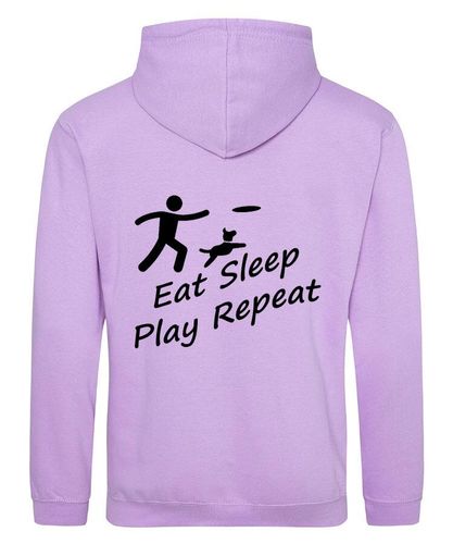 Eat Sleep Play Repeat Design on a Lavender Pullover Hoodie Black Print