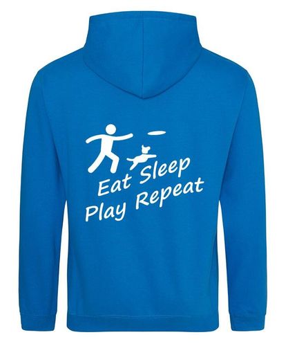 Eat Sleep Play Repeat Design on a Sapphire Blue Pullover Hoodie White Print