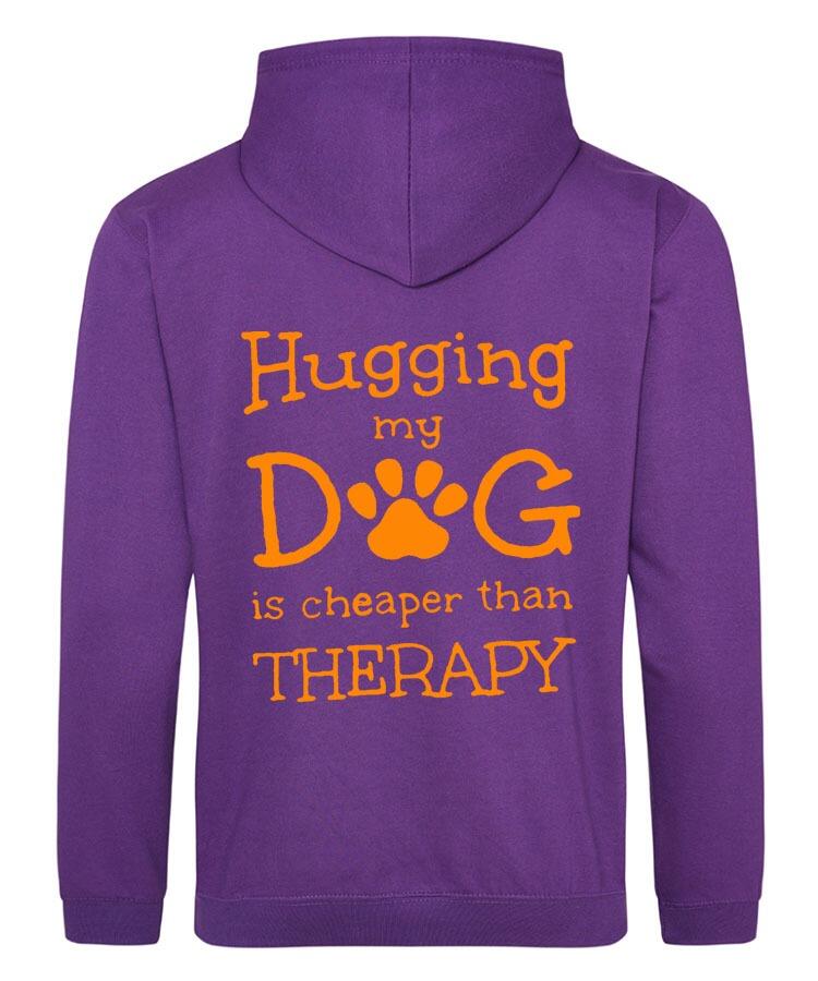 Hugging my Dog Design on a Purple Pullover Hoodie Orange Print