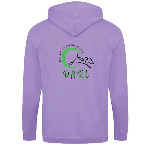 DARL Official Lavender Unisex Zipped Hoodie, featuring the DARL logo, designed for comfort and style while supporting the Dog Agility Rescue League and rescued dogs.