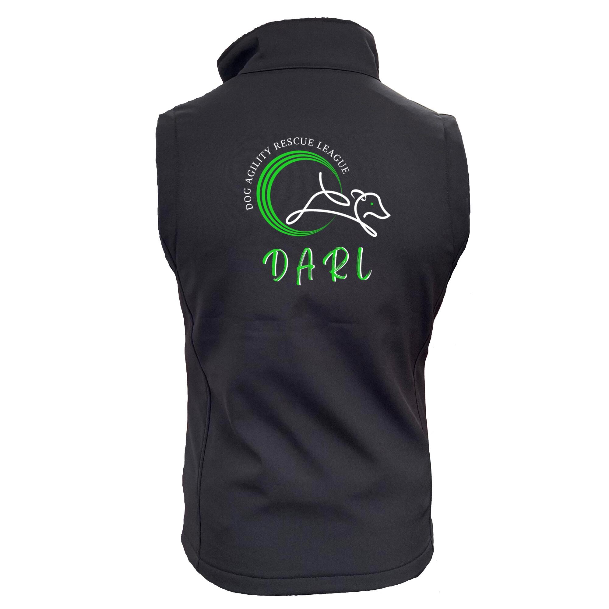 DARL Official Black Unisex Softshell Jacket featuring the DARL logo on the front and back, designed for style, comfort, and performance, supporting the Dog Agility Rescue League.