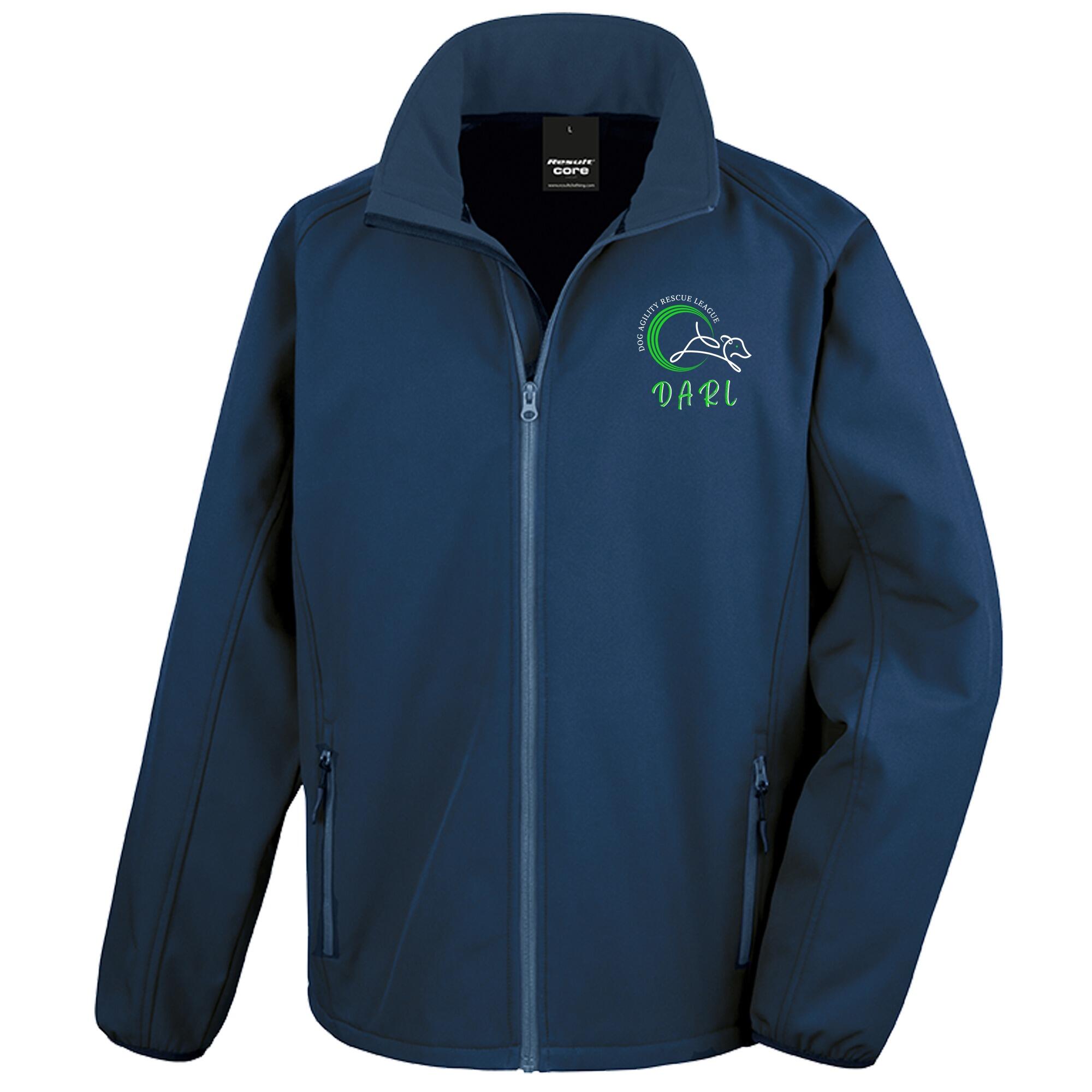 DARL Official Navy Unisex Softshell Jacket, featuring the iconic DARL logo on the front and back, offering wind and water resistance, and supporting the Dog Agility Rescue League. A stylish, functional jacket perfect for outdoor adventures.