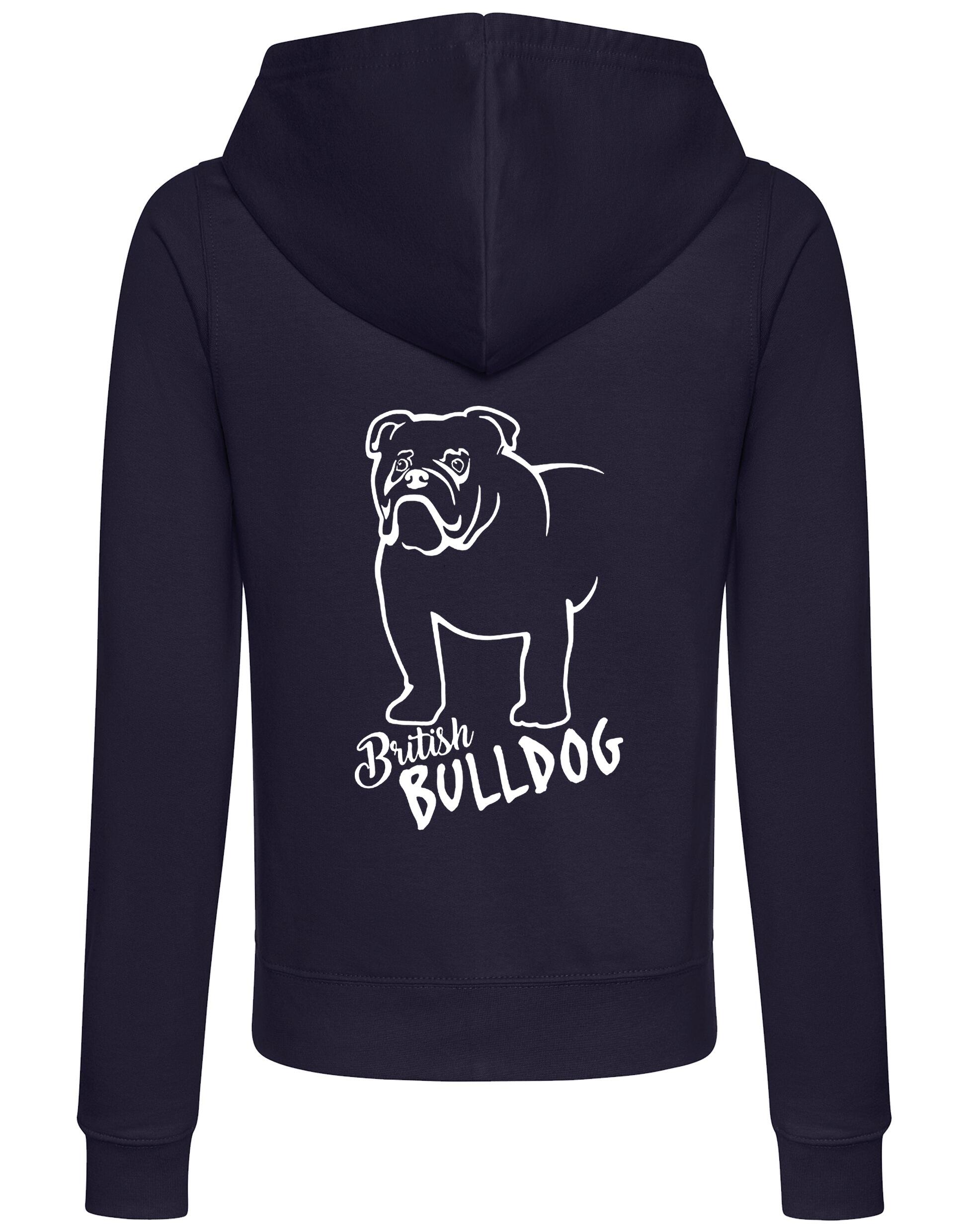 Female British Bulldog Zipped Hoodie French Navy (White)