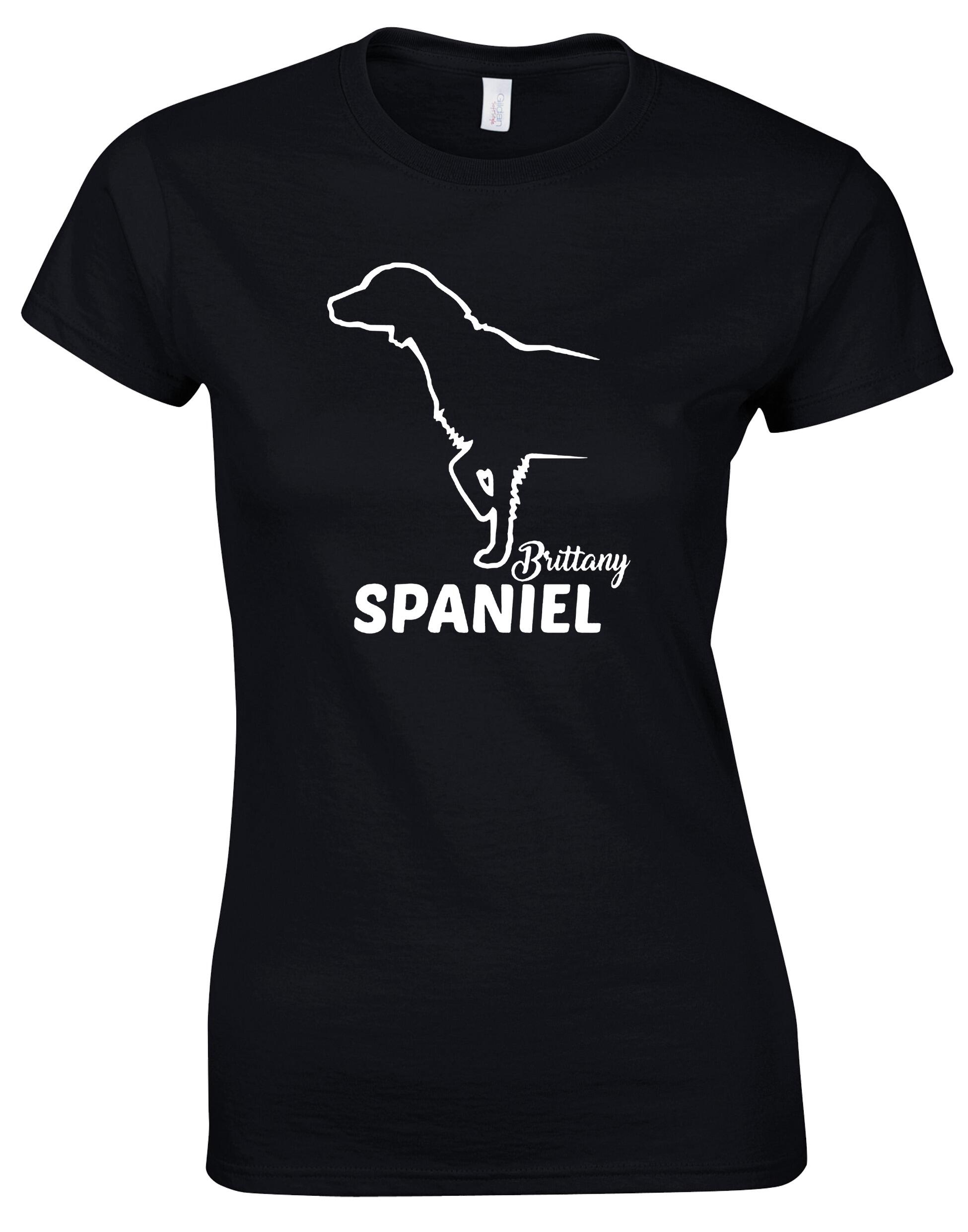 Female Brittany Spaniel Roundneck T-Shirt Black (White)