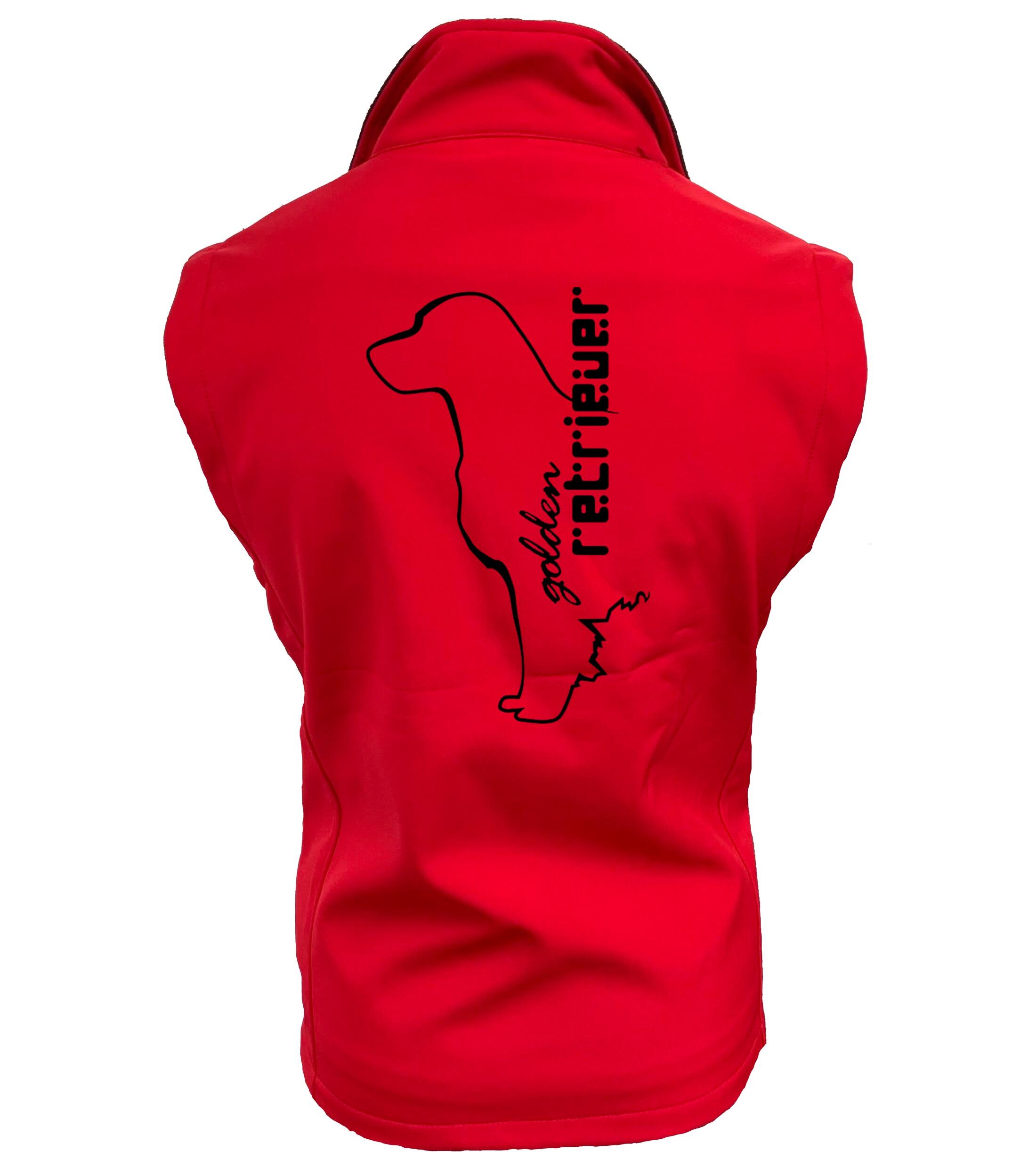 Women’s Softshell Gilet featuring an exclusive Golden Retriever design, crafted from water-resistant fabric with a tailored fit, offering style, comfort, and customization options for dog lovers.