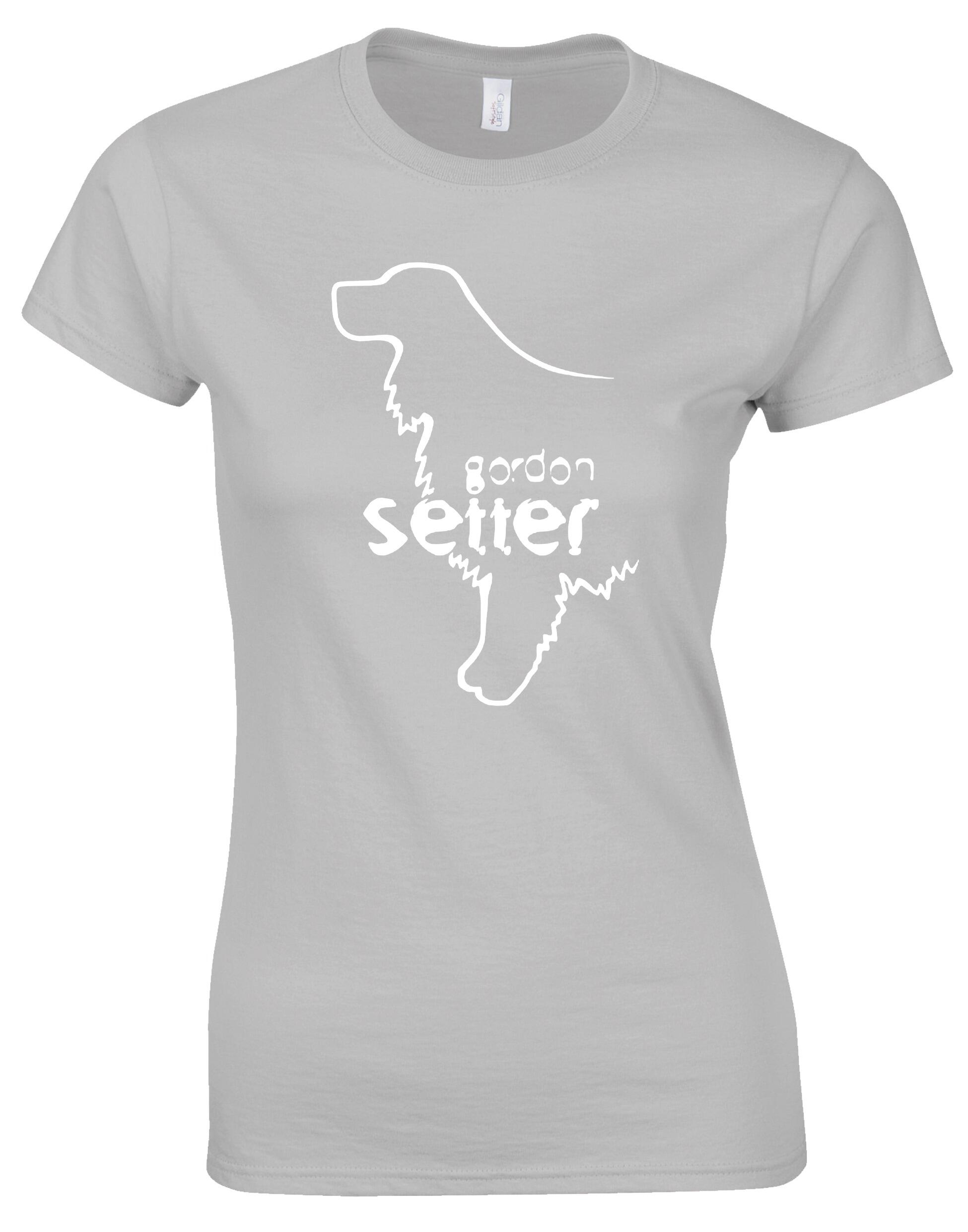 Female roundneck T-shirt featuring an exclusive Gordon Setter graphic design, crafted from soft, breathable cotton with a flattering feminine fit for casual wear.