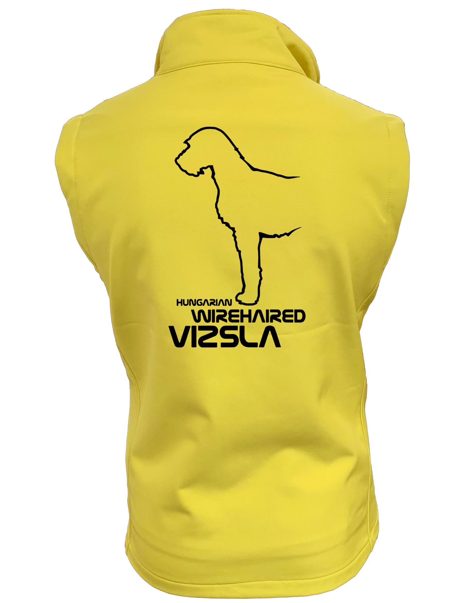 Women’s softshell gilet featuring Hungarian Wirehaired Vizsla breed artwork – customizable, water-resistant, perfect for outdoor activities and dog events.