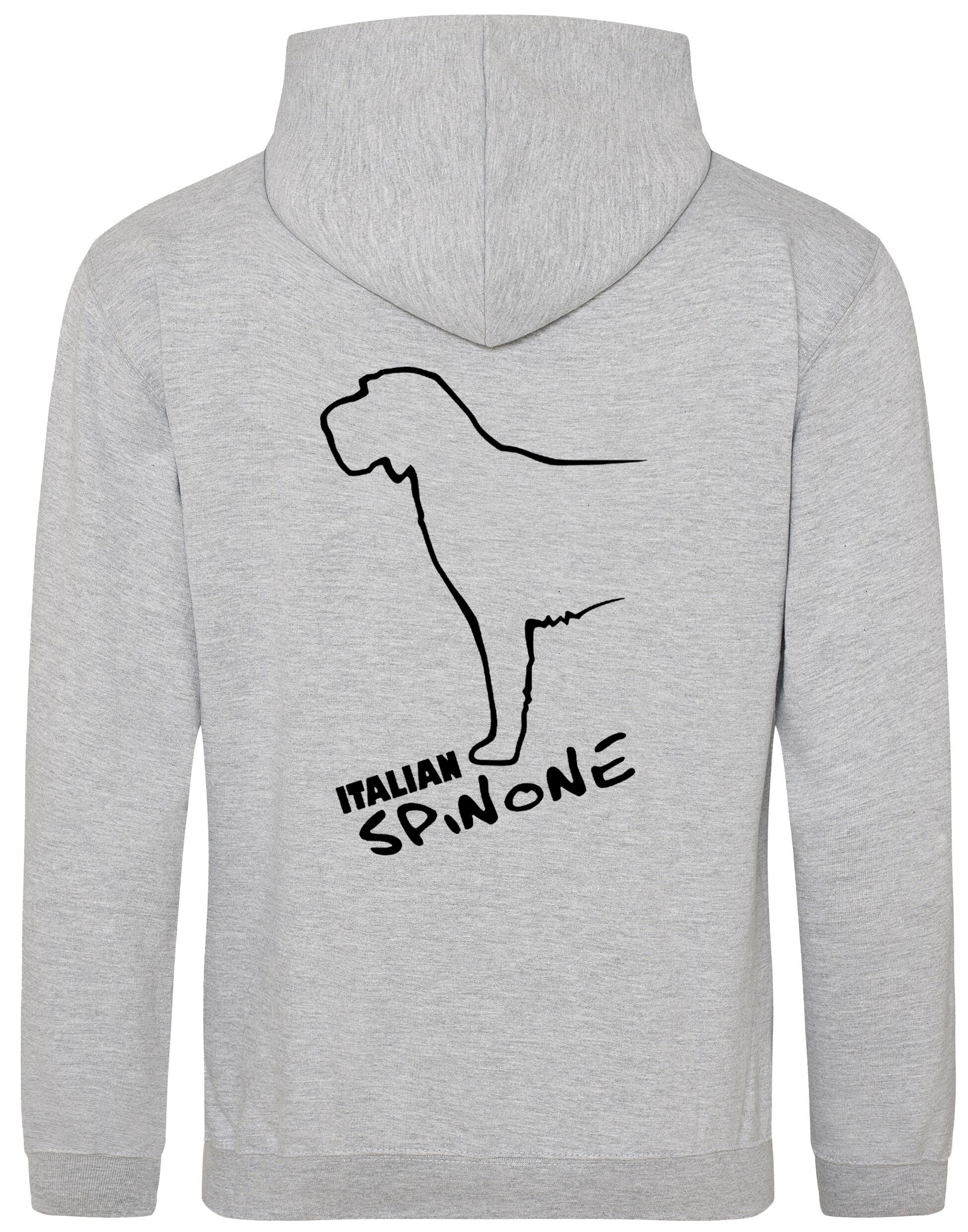 Italian Spinone pullover hoodie featuring exclusive breed artwork, paw print accents, kangaroo pocket, and double-fabric hood, personalized for dog lovers.