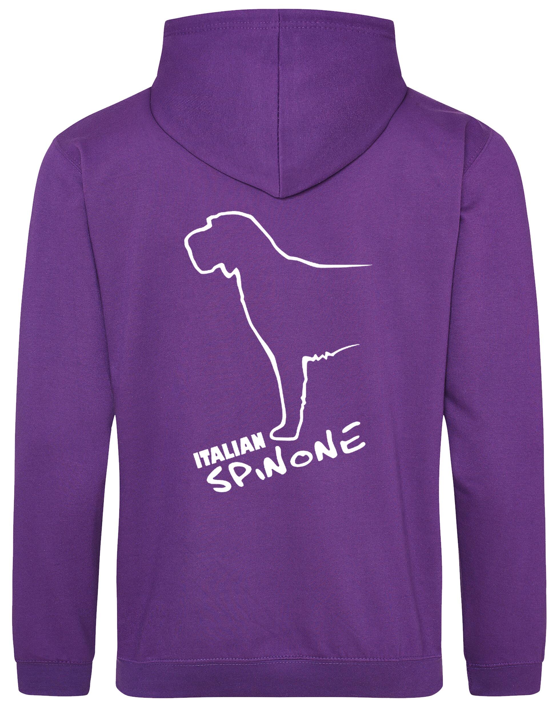 Italian Spinone pullover hoodie featuring exclusive breed artwork, paw print accents, kangaroo pocket, and double-fabric hood, personalized for dog lovers.
