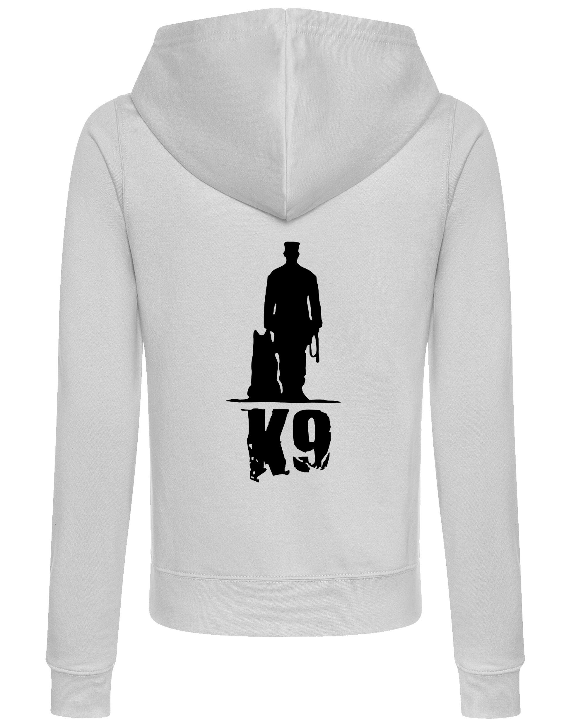 K9 women’s zipped hoodie featuring exclusive artwork, a full-zip closure, and practical pockets, designed for style and comfort in any activity.