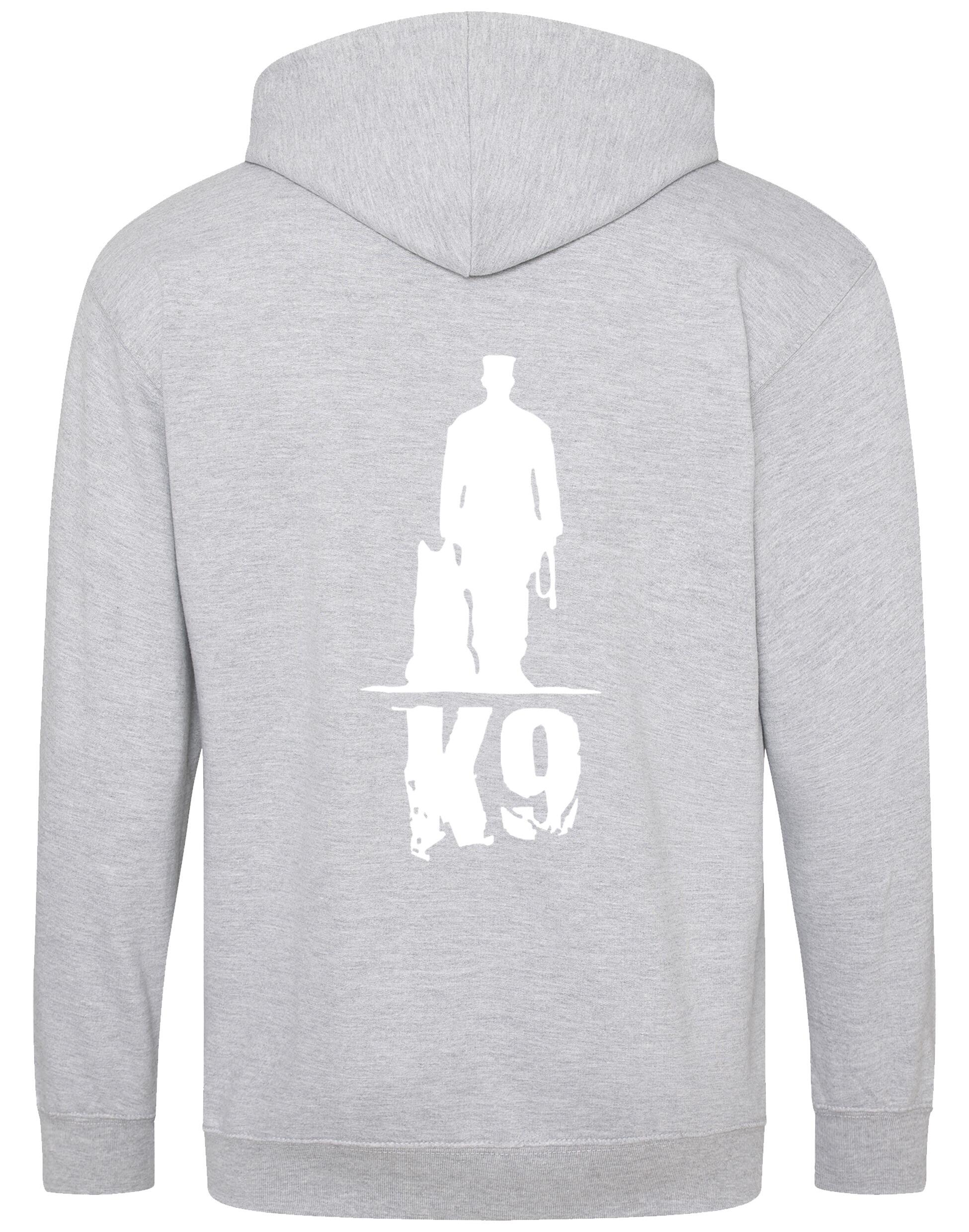 K9 zipped hoodie with exclusive artwork, full-zip closure, double-fabric hood, and spacious pockets, offering warmth, style, and comfort for dog enthusiasts.
