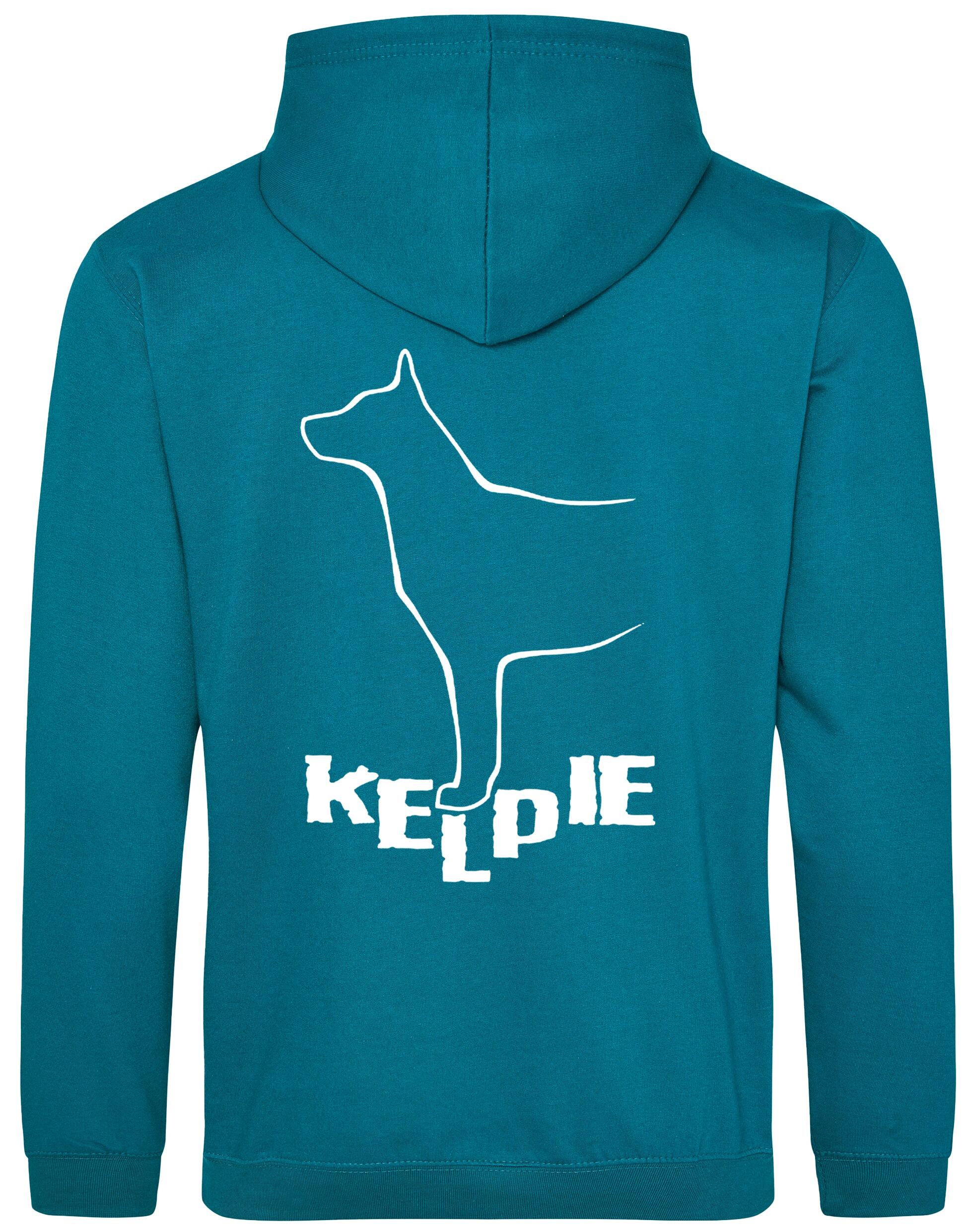 Kelpi Design Pullover Hoodie featuring exclusive breed-inspired artwork, cozy fleece interior, and personalization options for dog lovers.