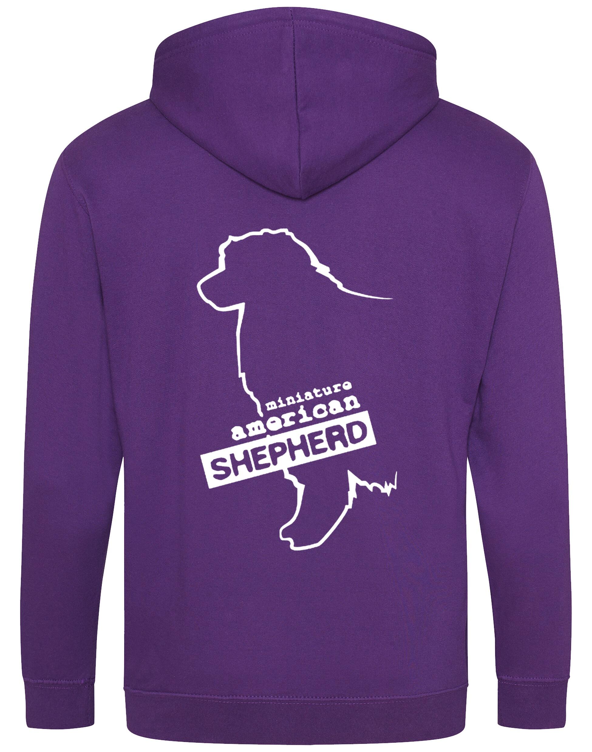 Miniature American Shepherd Zipped Hoodie featuring exclusive breed artwork, cozy fleece lining, and spacious front pockets.