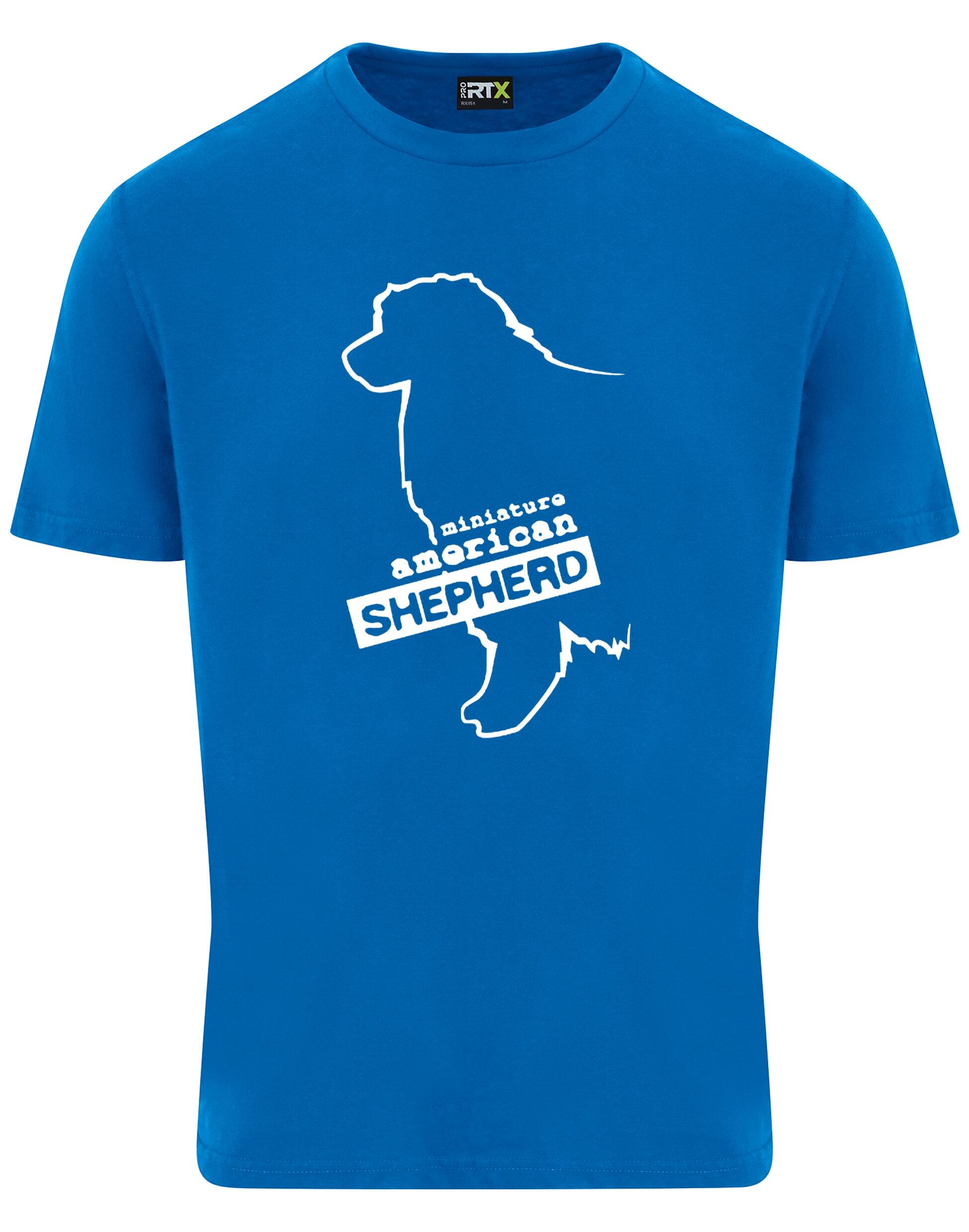 Miniature American Shepherd Roundneck T-shirt featuring exclusive breed artwork, soft cotton fabric, and a relaxed unisex fit.