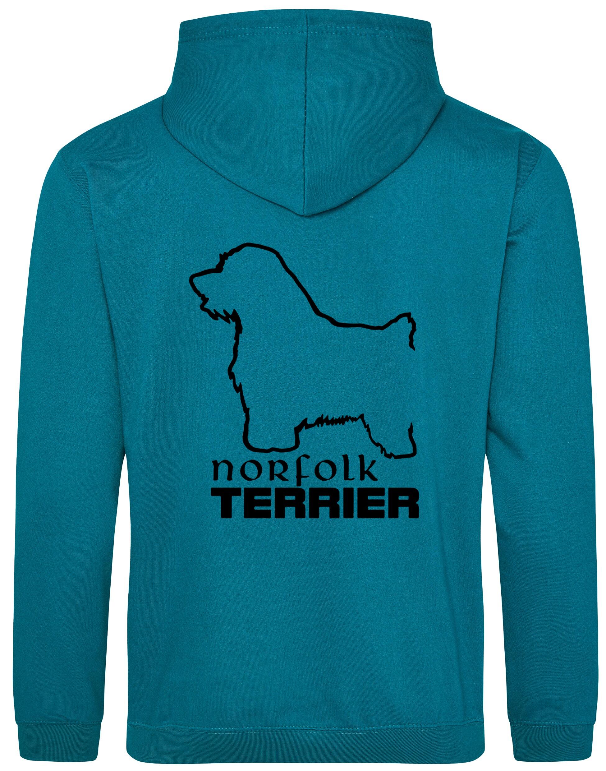 Norfolk Terrier Pullover Hoodie featuring exclusive breed artwork on the back, heavy-blend fabric with brushed fleece interior, and kangaroo pocket for warmth and comfort. A stylish and practical choice for Norfolk Terrier lovers.
