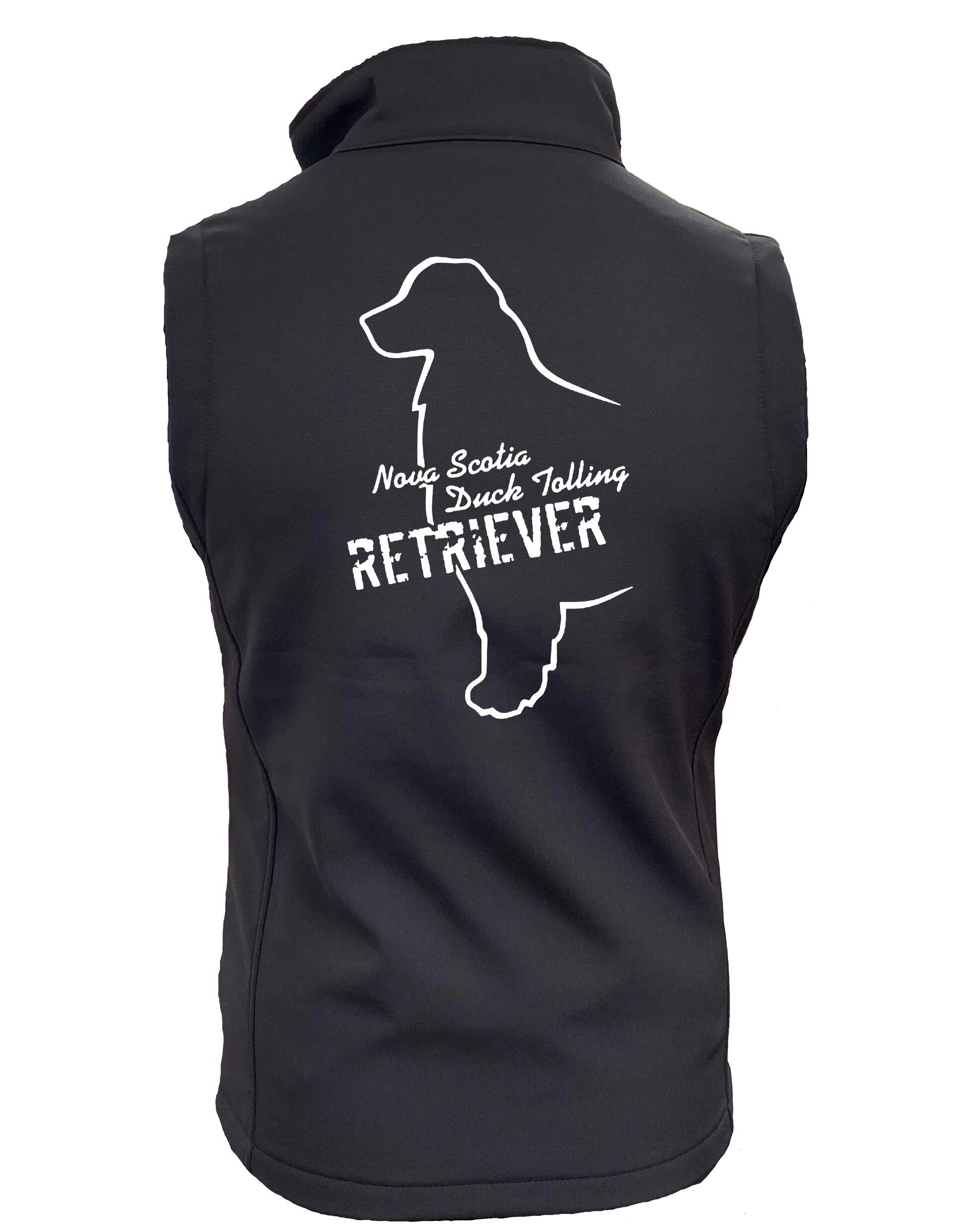 Women’s softshell gilet featuring an exclusive Nova Scotia Duck Tolling Retriever design. Water-resistant, fleece-lined, and perfect for layering. Ideal for dog events, outdoor adventures, and casual wear.