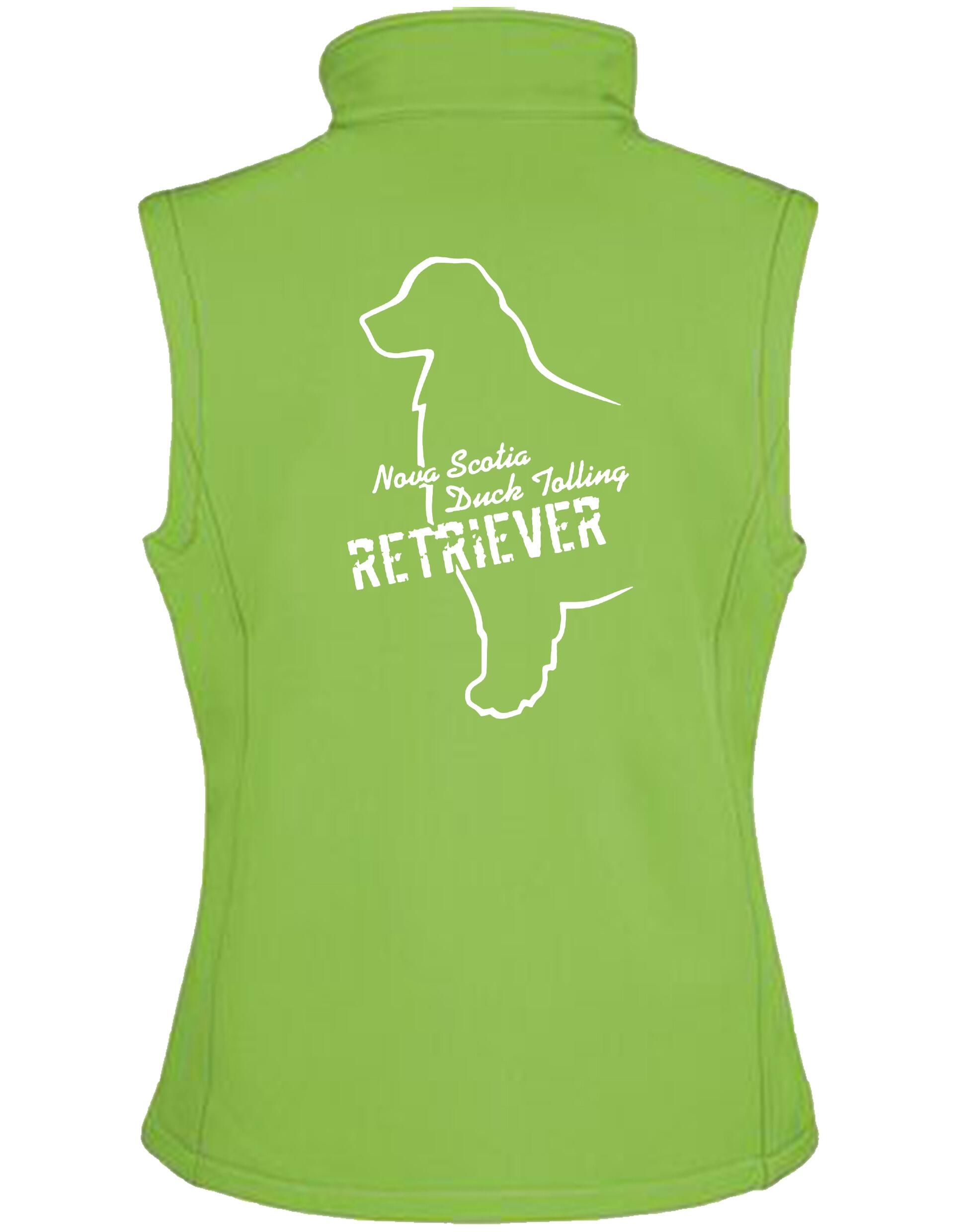 Women’s softshell gilet featuring an exclusive Nova Scotia Duck Tolling Retriever design. Water-resistant, fleece-lined, and perfect for layering. Ideal for dog events, outdoor adventures, and casual wear.