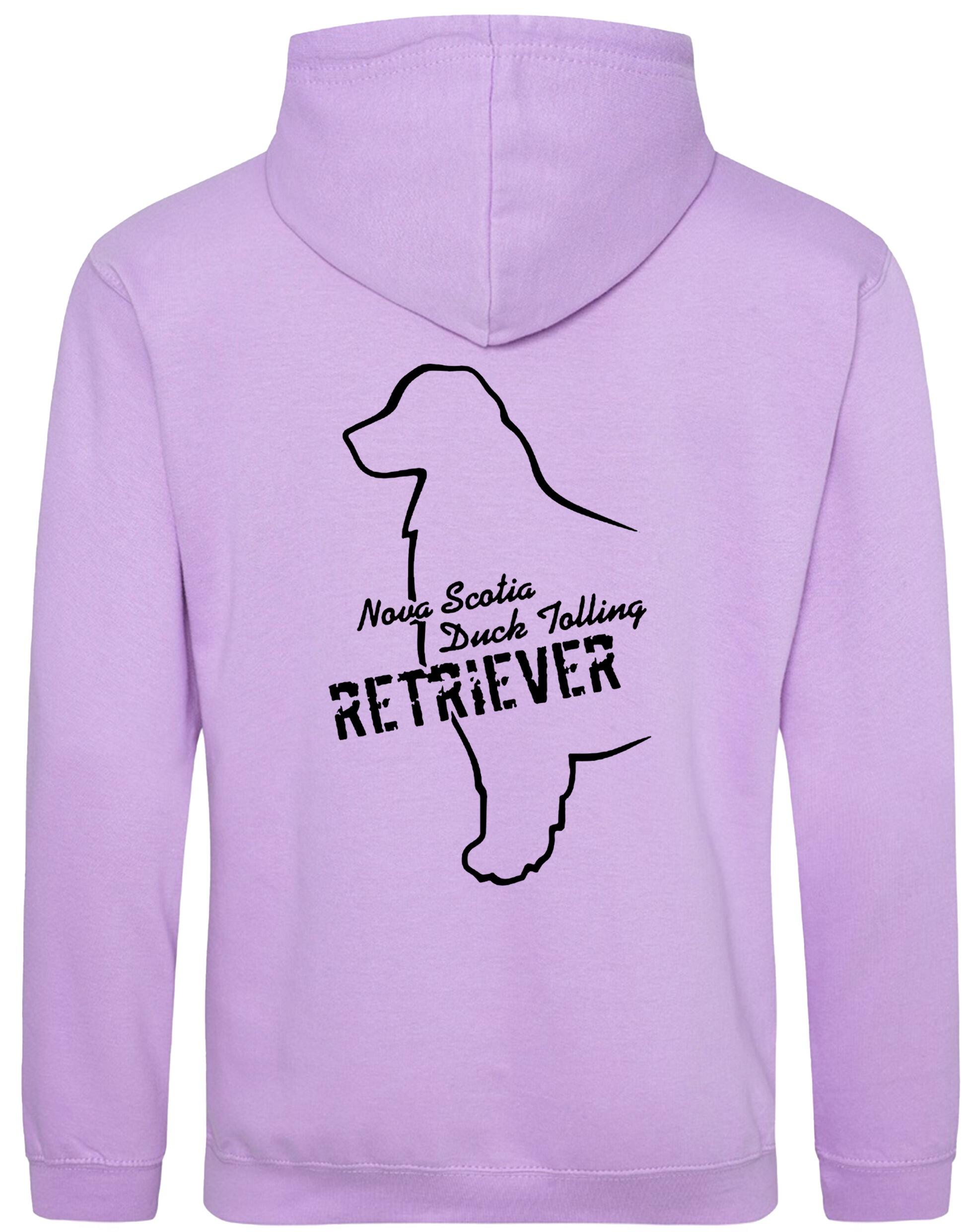 Soft fleece-lined Nova Scotia Duck Tolling Retriever pullover hoodie featuring a detailed breed design on the back. Includes a kangaroo pouch pocket, ribbed cuffs, and a double-fabric hood. Perfect for breed enthusiasts, casual wear, and outdoor adventures.