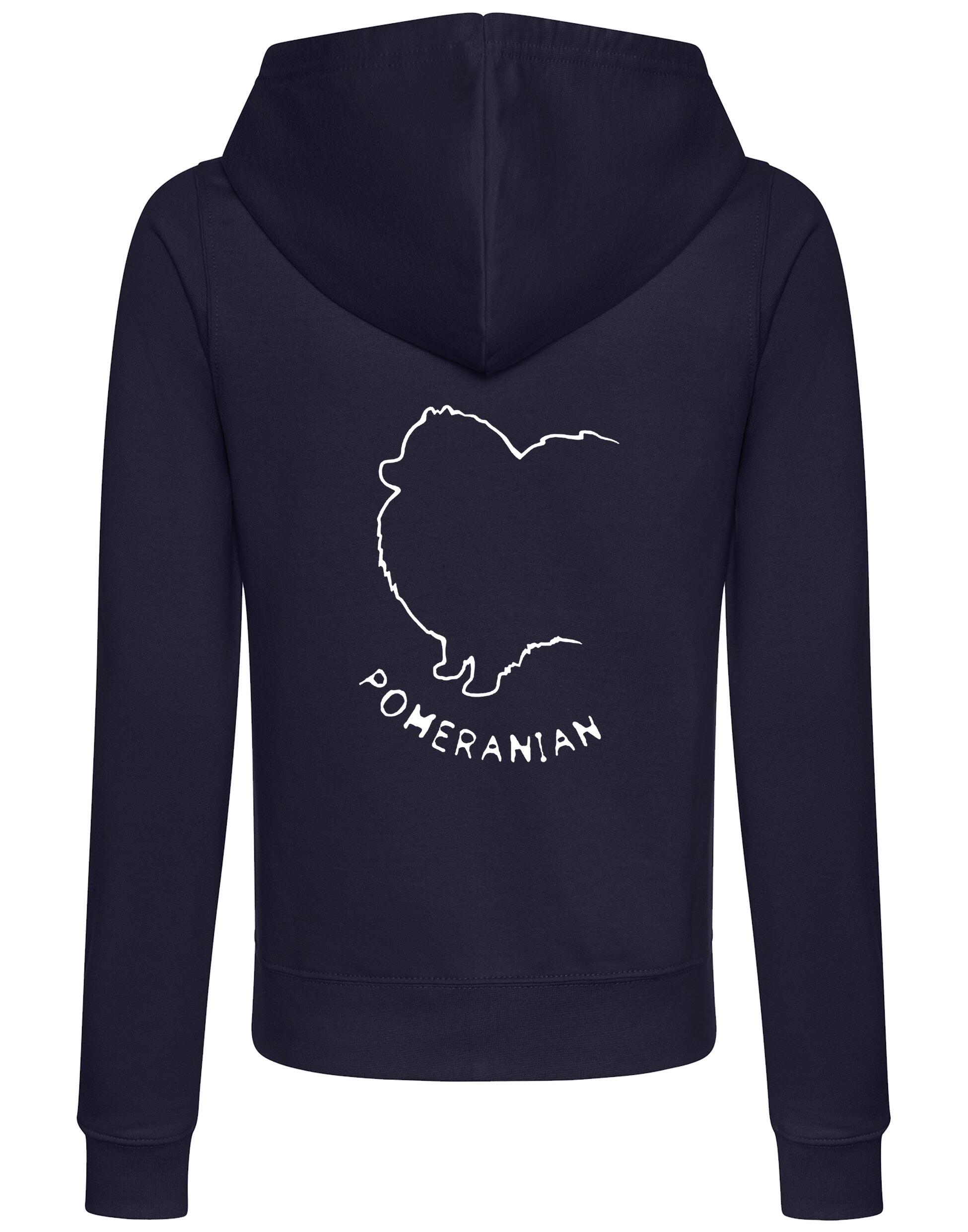Pomeranian Women’s Zipped Hoodie featuring exclusive breed artwork, a cozy fleece-lined interior, and front pockets for warmth and functionality.