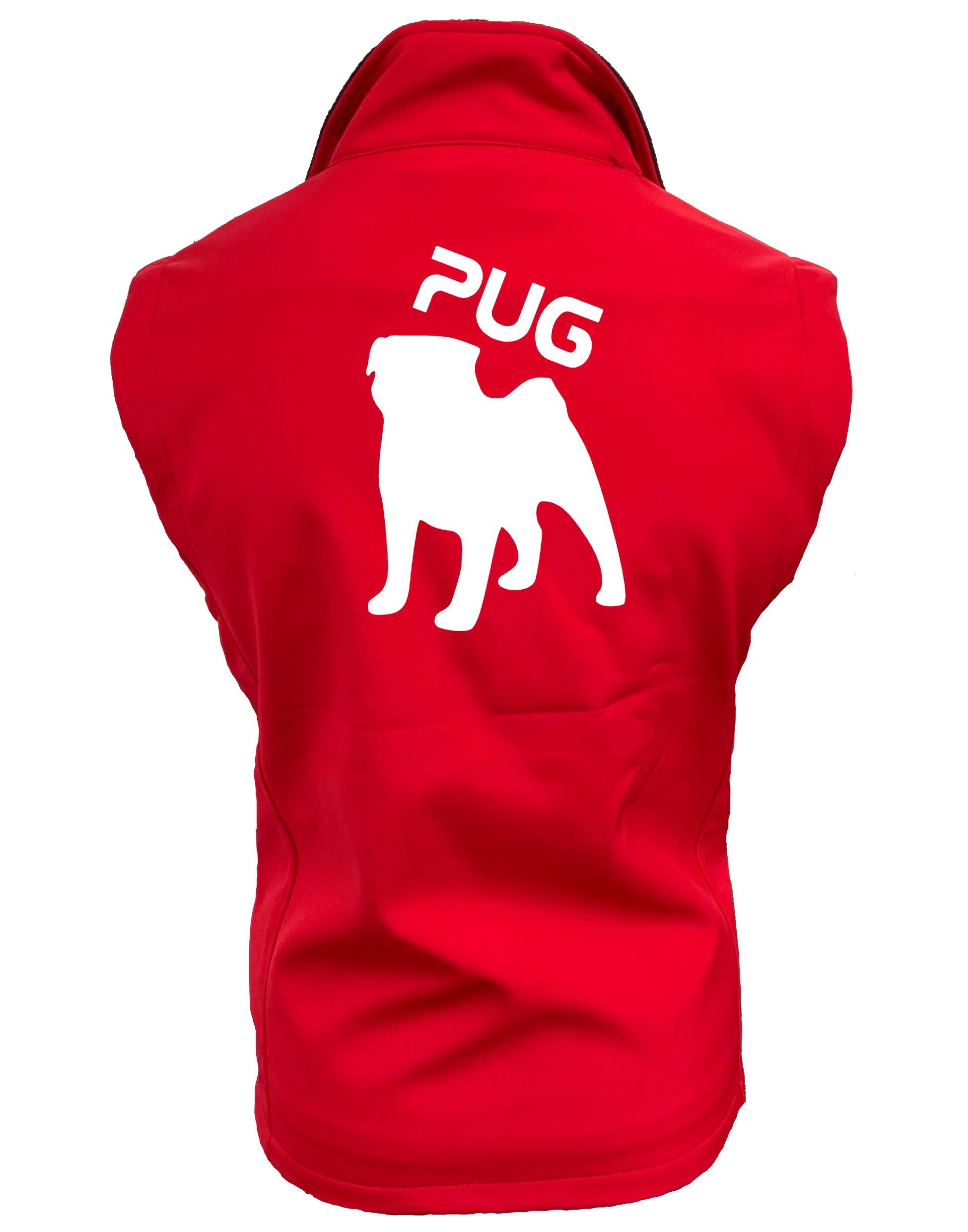 Women's Pug (Silhouette) Softshell Gilet featuring exclusive outline artwork, crafted from premium water-resistant fabric with a full-zip front and side pockets for practical, stylish outdoor wear.
