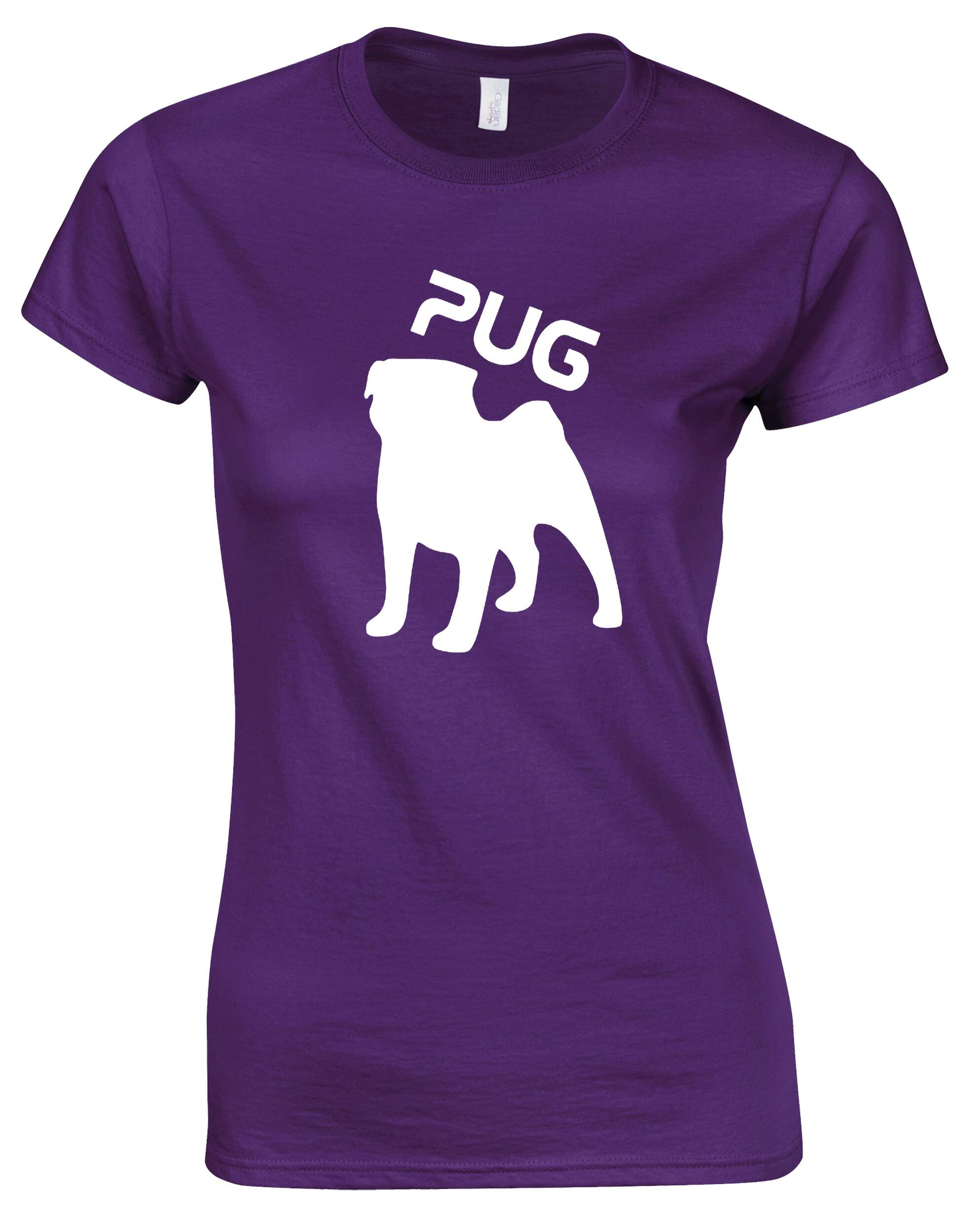 Female Roundneck T-shirt featuring an exclusive Pug (Silhouette) design, crafted from premium breathable cotton for all-day comfort and a flattering feminine fit, perfect for Pug enthusiasts.