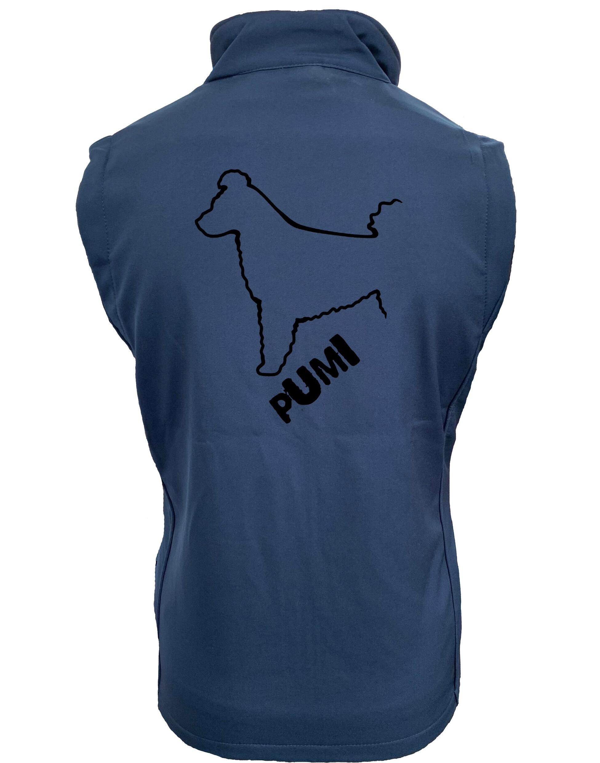 Unisex Hungarian Pumi Softshell Gilet featuring exclusive breed artwork, crafted from premium water-resistant fabric with a cozy fleece lining, a full-zip front, and side pockets for stylish, practical outdoor wear.