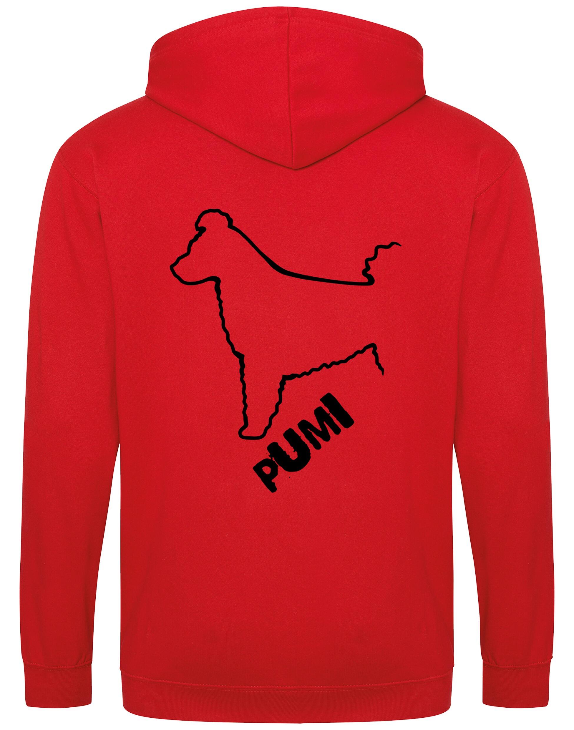 Unisex Hungarian Pumi Zipped Hoodie featuring exclusive breed artwork with personalization options, crafted from premium heavy-blend fabric with a cozy brushed fleece interior, full-zip closure, and a spacious kangaroo pocket for stylish, comfortable outdoor wear.