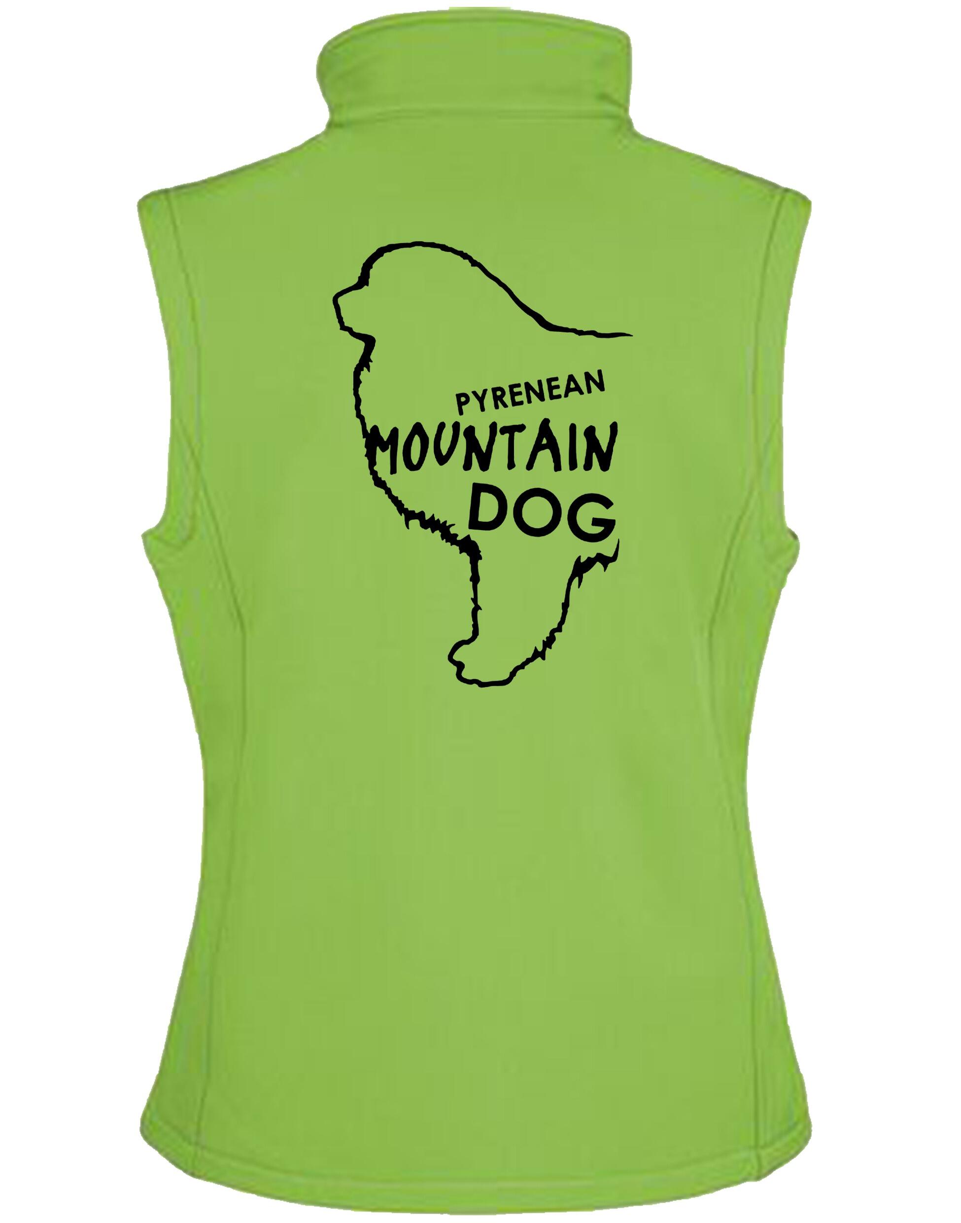 Women's Pyrenean Mountain Dog Softshell Gilet featuring exclusive breed artwork with personalization options, crafted from premium water-resistant fabric with a cozy fleece lining, a full-zip front, and side pockets for stylish, versatile outdoor wear.