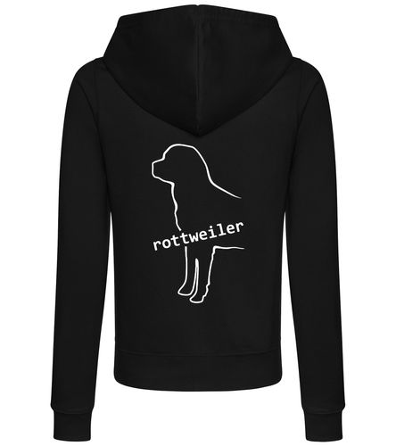 Rottweiler Women’s Zipped Hoodie featuring exclusive breed artwork, soft breathable fabric, flattering feminine fit, full-zip closure, cozy hood, and practical front pockets for breed enthusiasts.