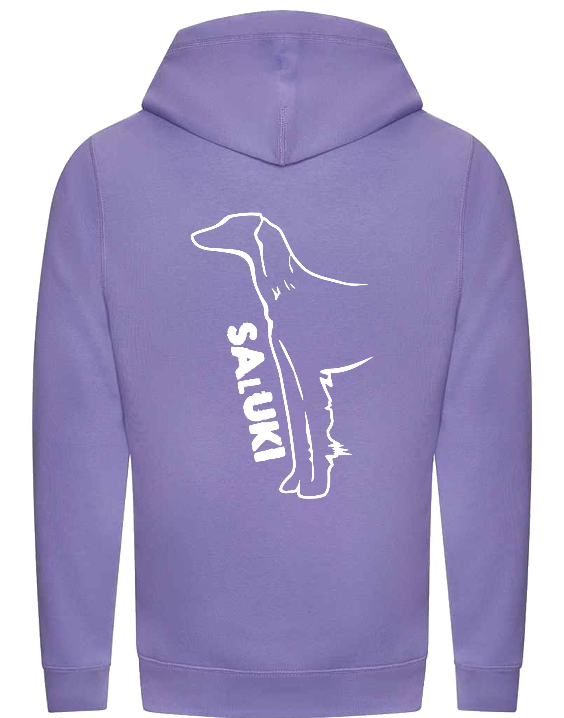 Saluki Crossneck Pullover Hoodie featuring exclusive breed artwork, soft fleece interior, heavy-blend fabric, modern crossneck design, kangaroo pocket, ribbed cuffs and hem, and relaxed unisex fit for breed enthusiasts.