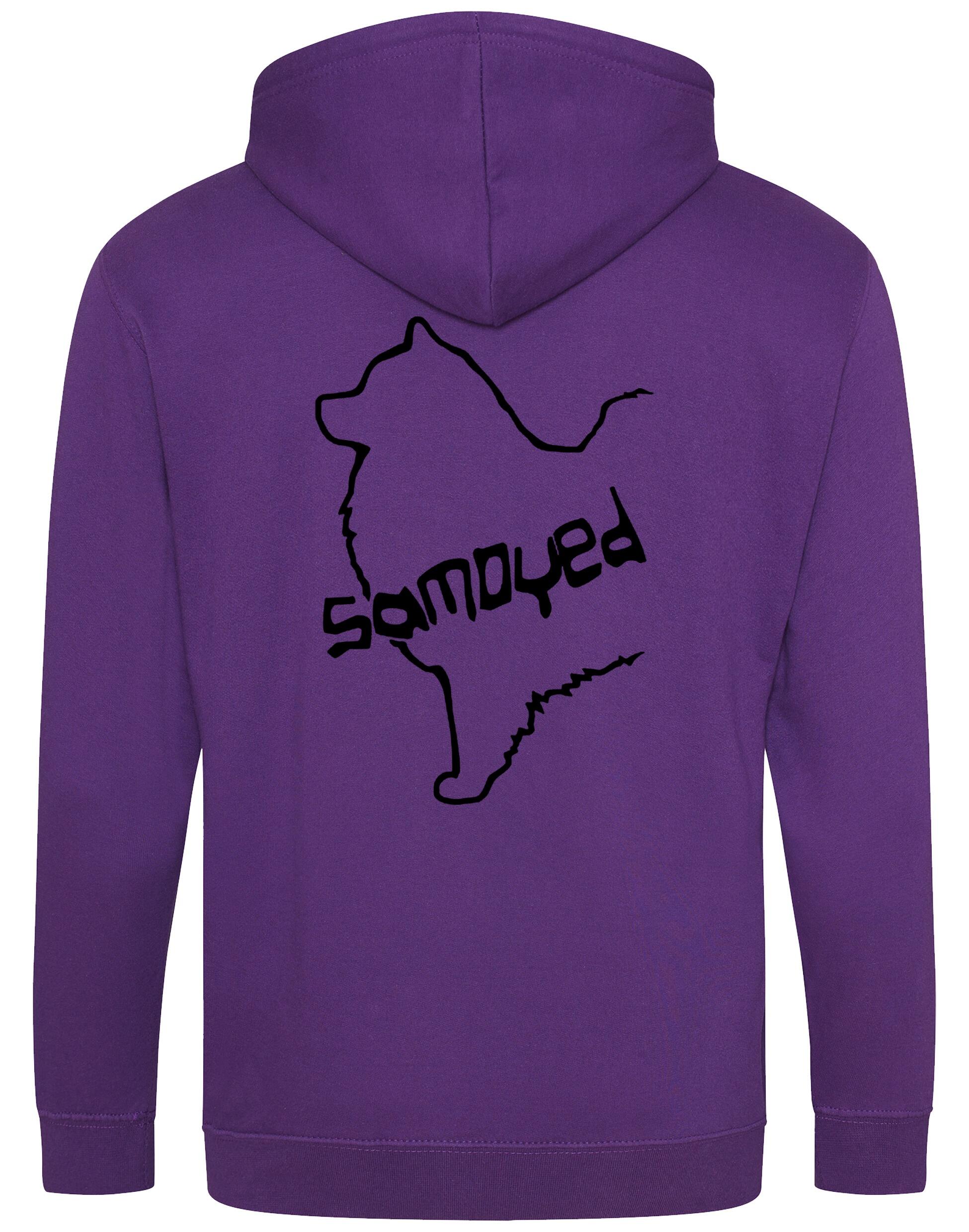 Samoyed Zipped Hoodie featuring exclusive breed artwork, soft fleece interior, heavy-blend fabric, full-zip front, double-fabric hood, spacious front pockets, and personalization options for breed enthusiasts.