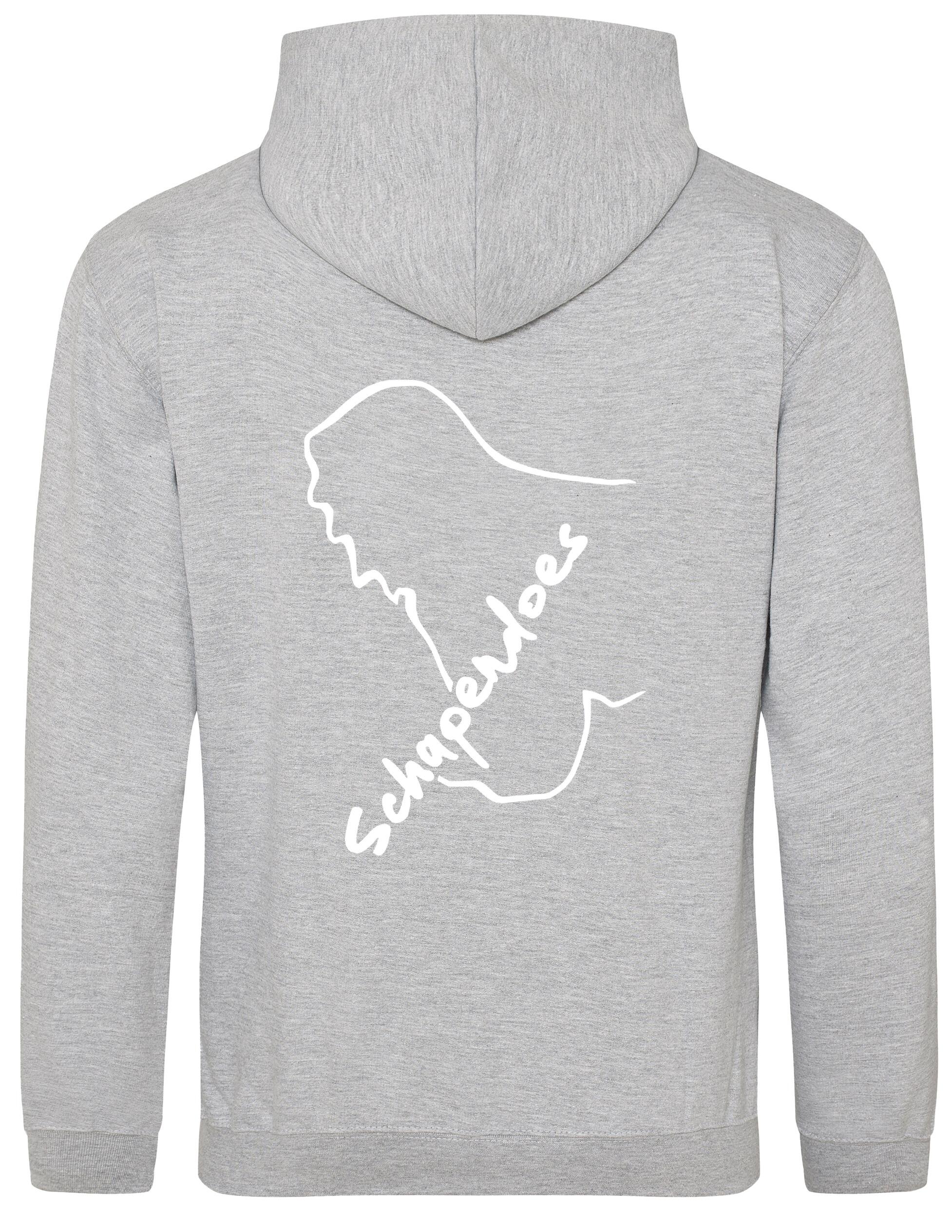 Schapendoes Pullover Hoodie featuring exclusive breed artwork, cozy brushed fleece interior, kangaroo pocket, double-fabric hood, and personalization options for stylish comfort and breed pride.
