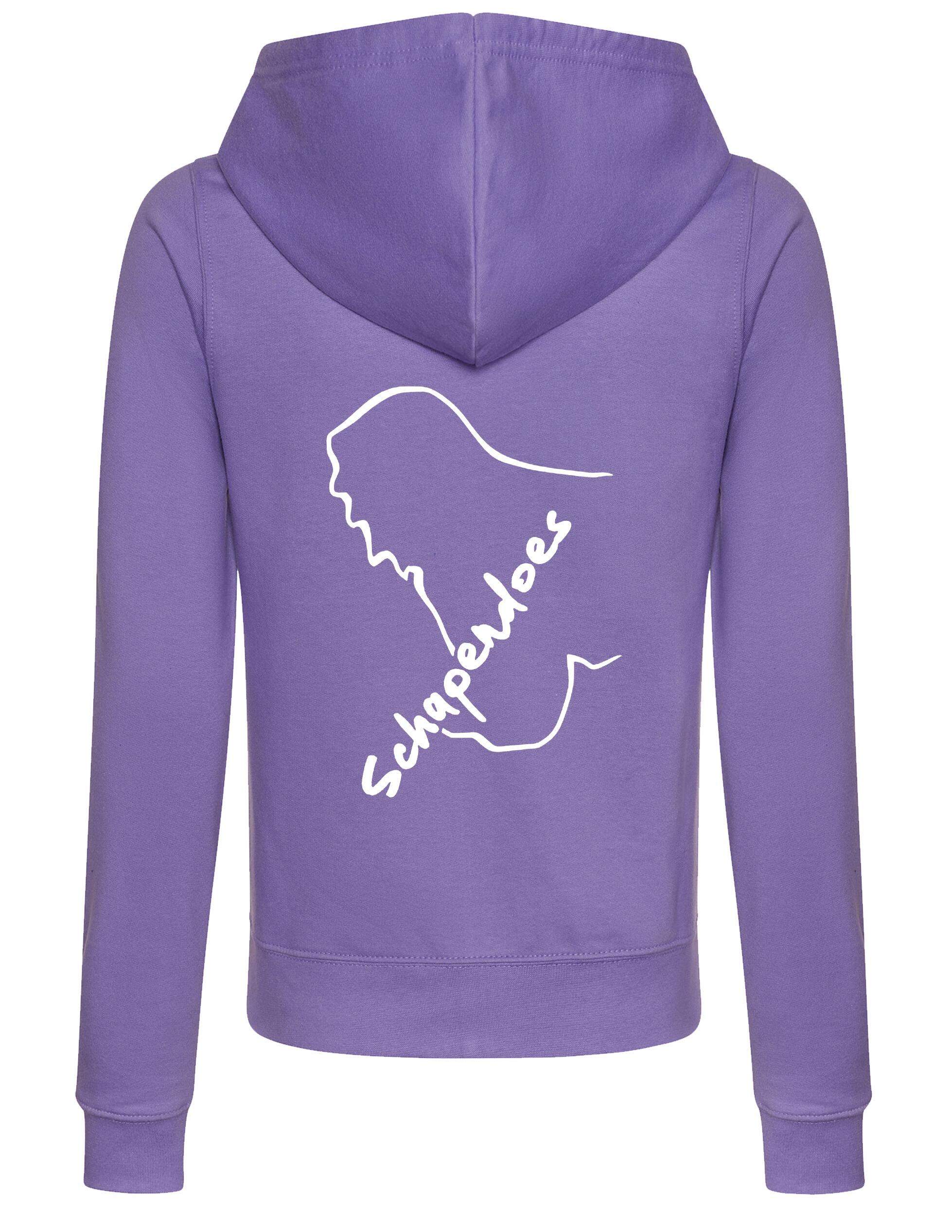 Schapendoes Women’s Zipped Hoodie featuring exclusive breed artwork, breathable fabric, full-zip closure, feminine fit, front pockets, and hood for stylish comfort and breed pride.